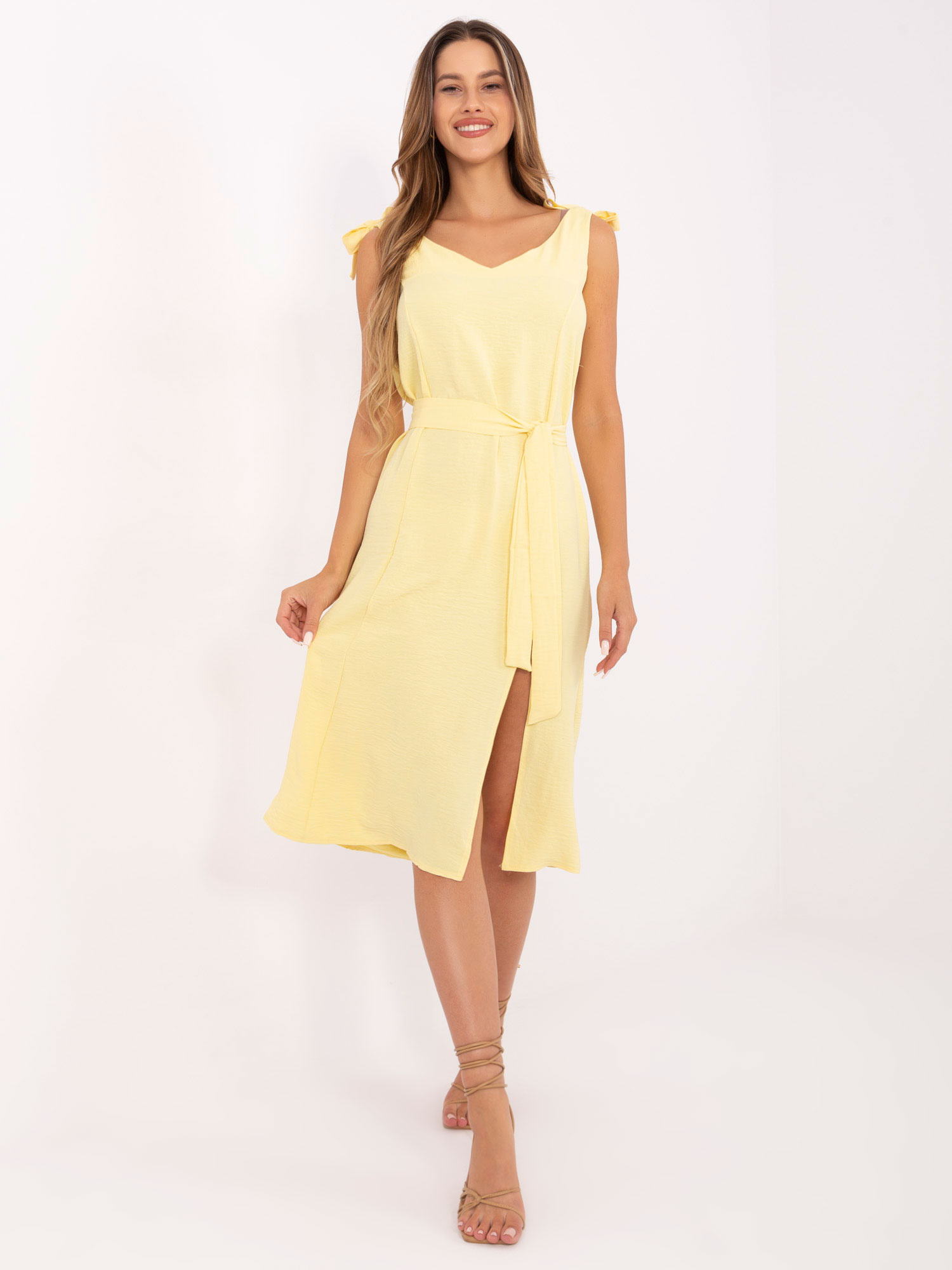 Žlté letné midi šaty s viazaním WN-SK-1211.58-yellow Veľkosť: S