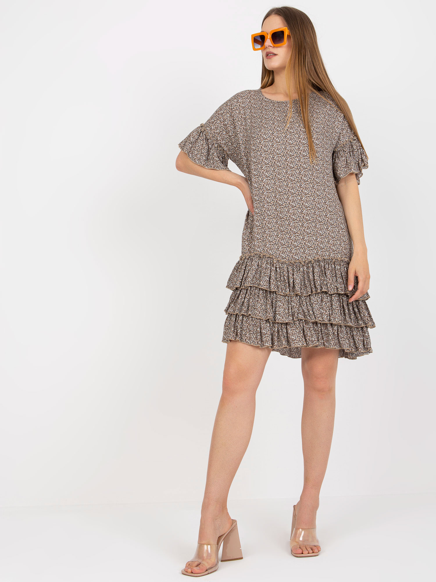 Tmavobéžové volánikové šaty -CHA-SK-1420.19-beige Veľkosť: S/M