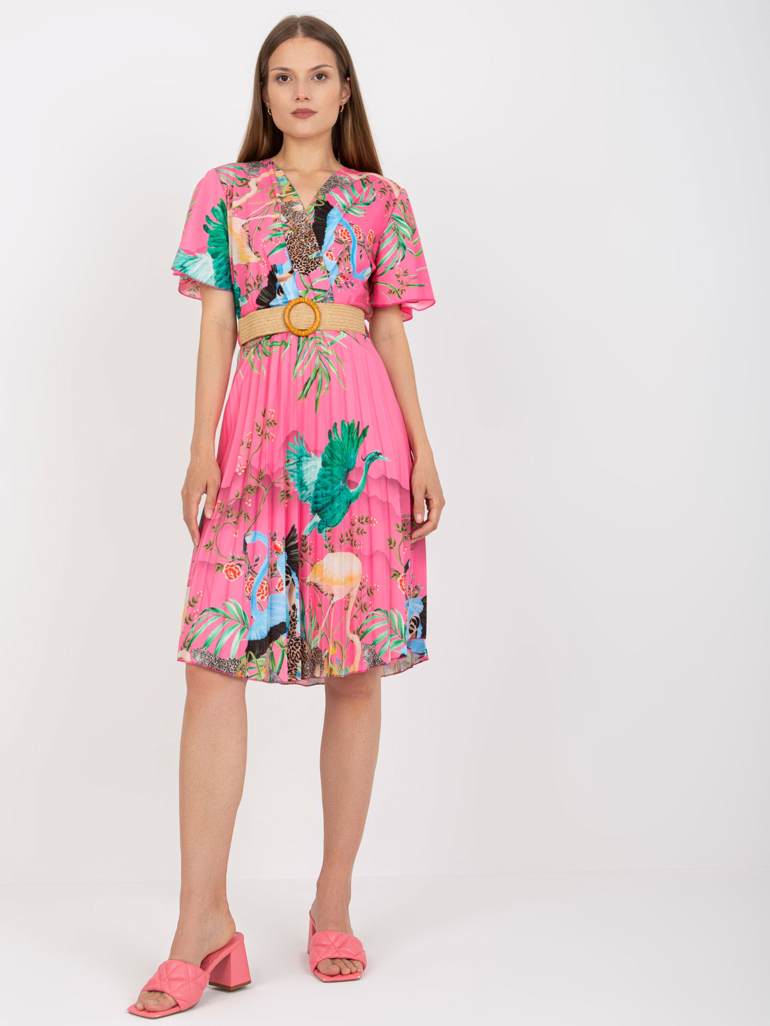 Ružové plisované šaty s potlačou DHJ-SK-15817.32-pink Veľkosť: ONE SIZE