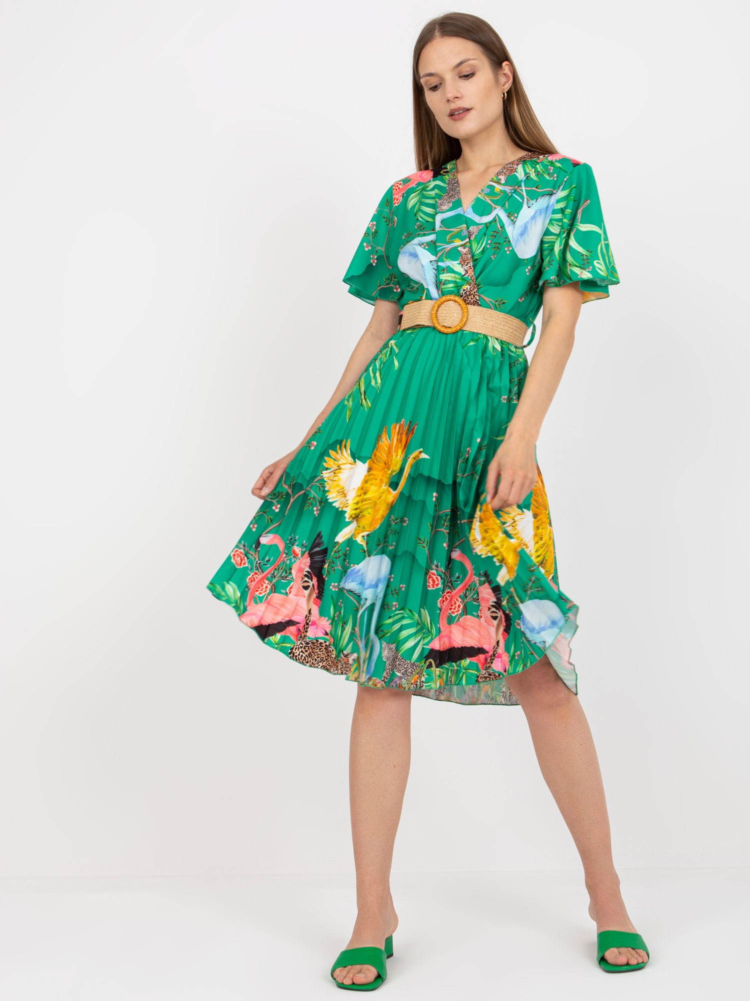 Zelené plisované šaty s potlačou DHJ-SK-15817.32-green Veľkosť: ONE SIZE