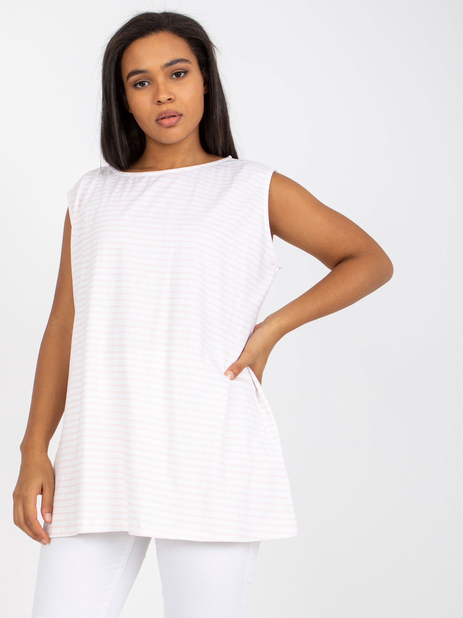Bielo-ružový voľný top s pruhmi RV-TP-7951.88-white-pink Veľkosť: ONE SIZE