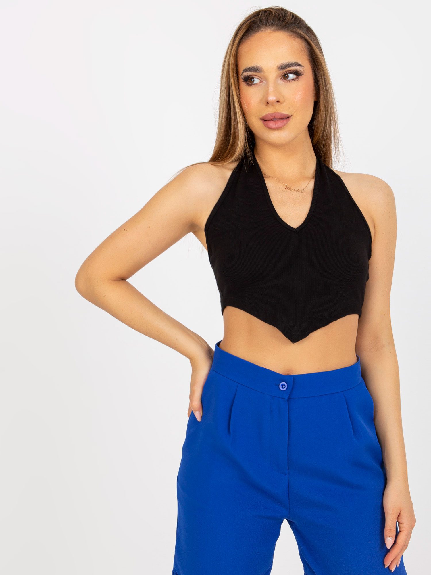 Čierny rebrovaný crop top RV-TP-8012.18-black Veľkosť: M