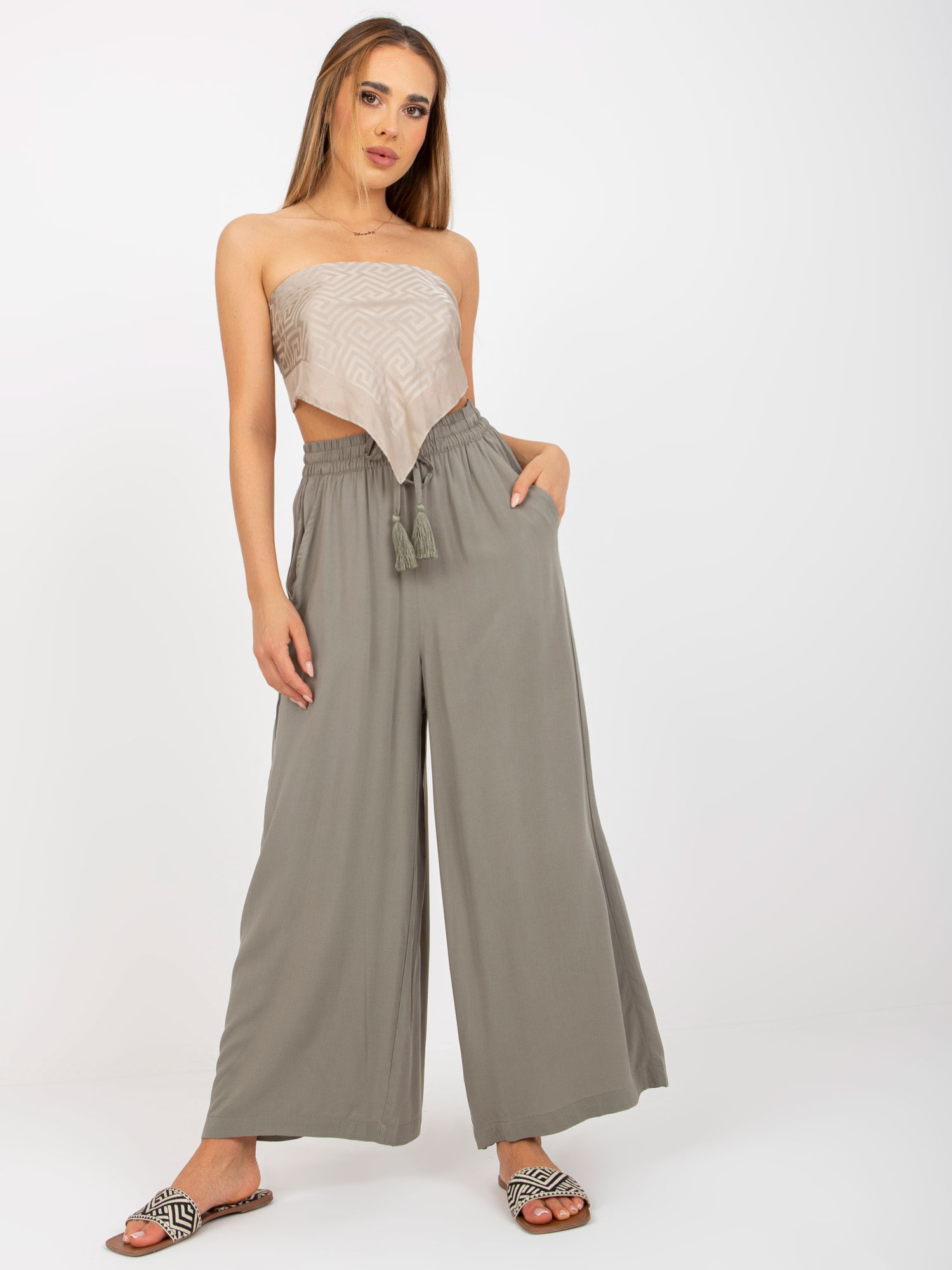 Khaki voľné zvonové nohavice D73781M62237A-khaki Veľkosť: XS