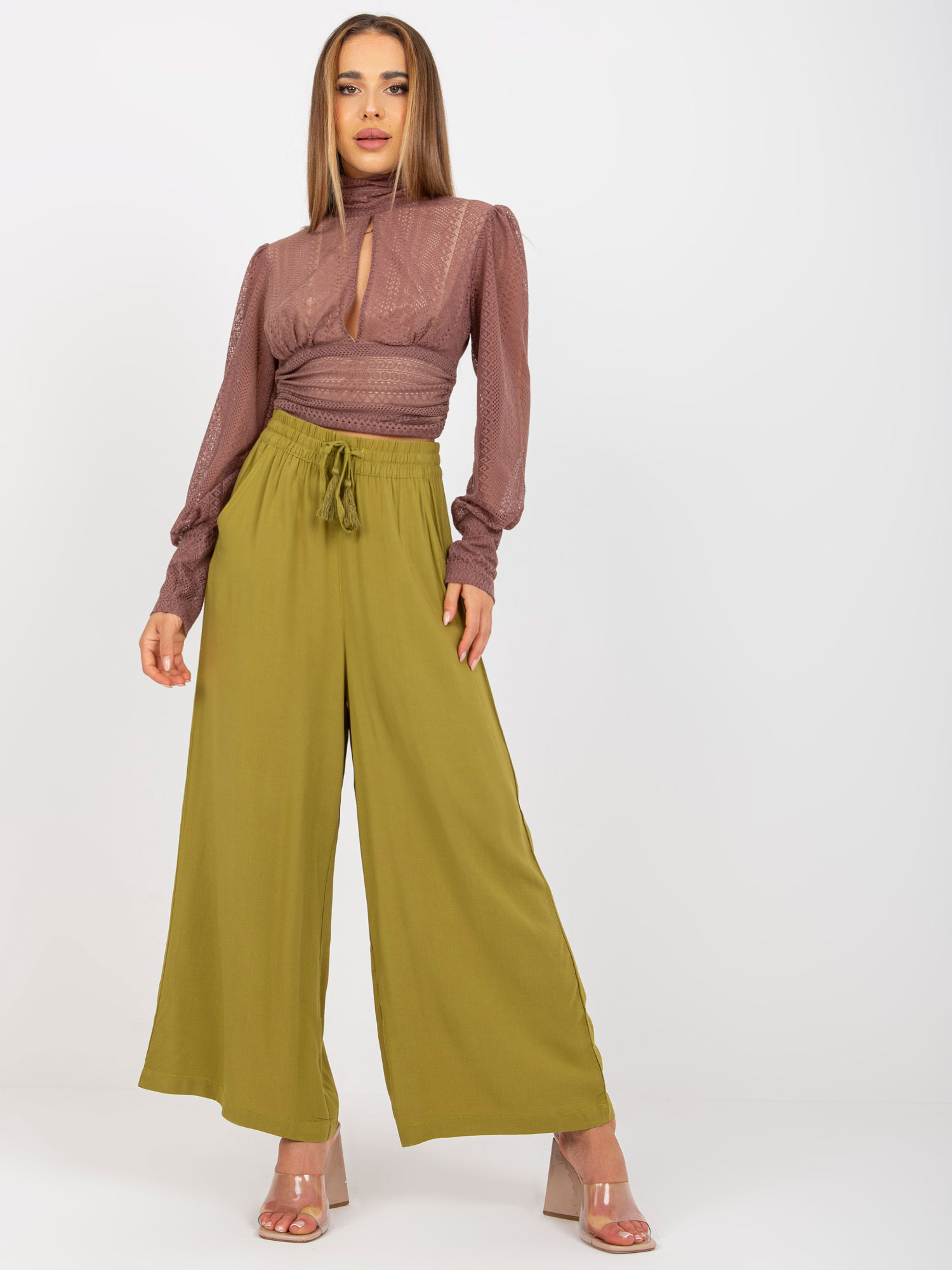 Olivové voľné zvonové nohavice D73761M62237A-olive Veľkosť: XS