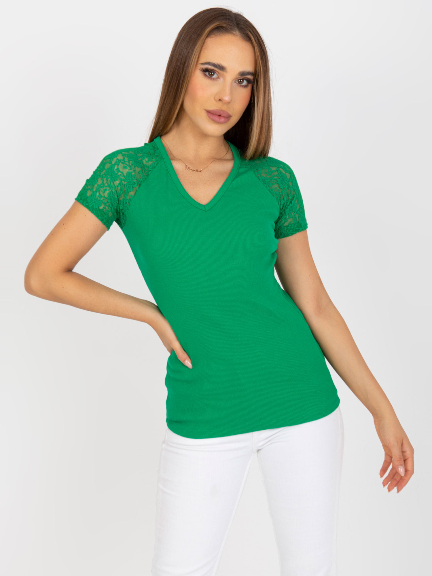 Zelené tričko s čipkovými rukávmi -RV-BZ-7986.74-green Veľkosť: S