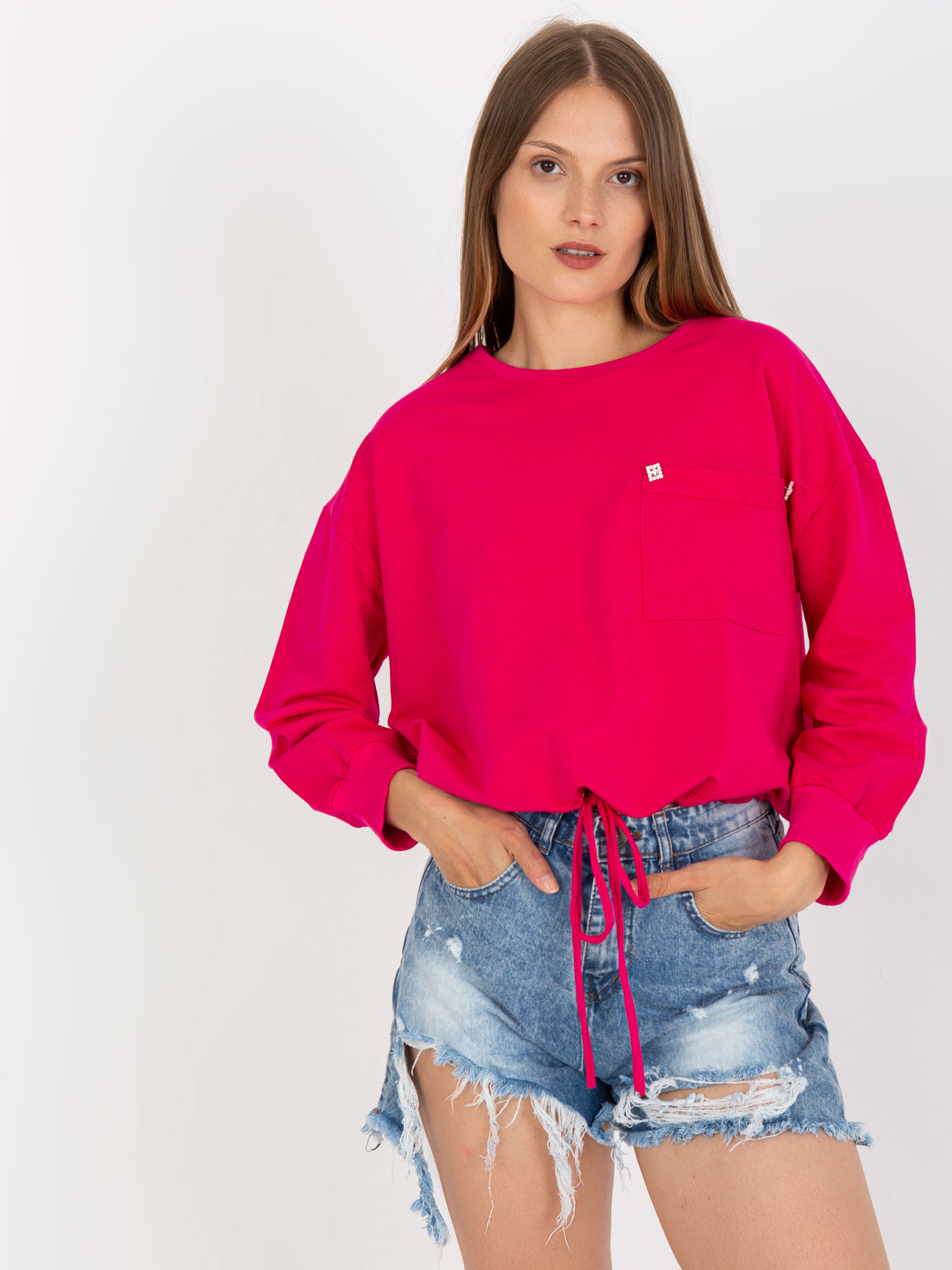 Fuchsiová mikina s viazaním v páse RV-BL-8066.32P-fuchsia Veľkosť: S/M
