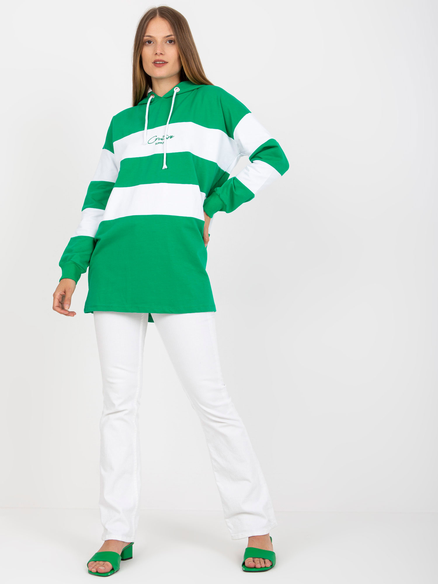 Bielo-zelená pruhovaná mikina s kapucňou -RV-BL-8074.98-biało-white-green Veľkosť: S/M