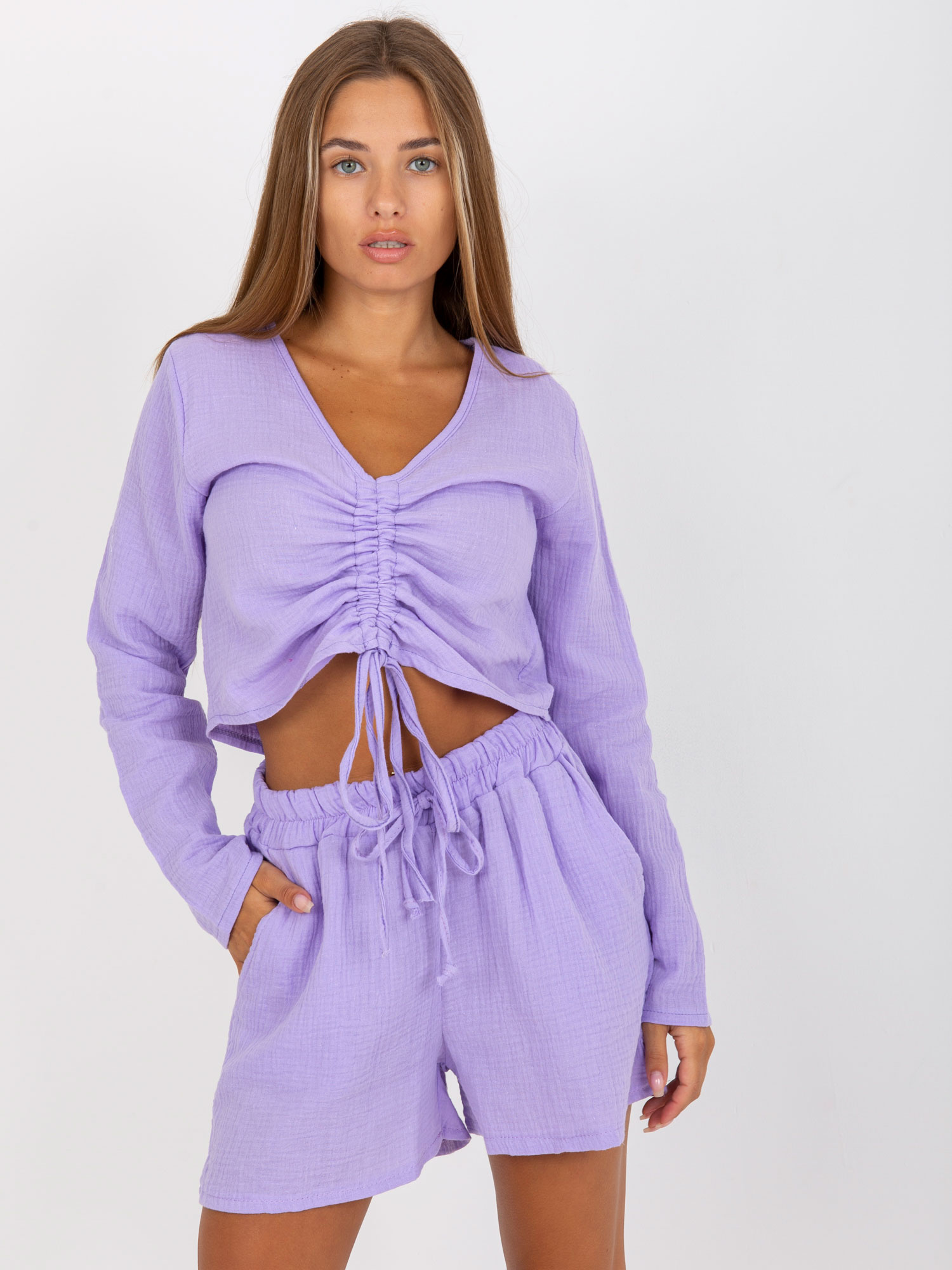 Fialové tričko s riasením D70031F11106A3-light purple Veľkosť: M/L