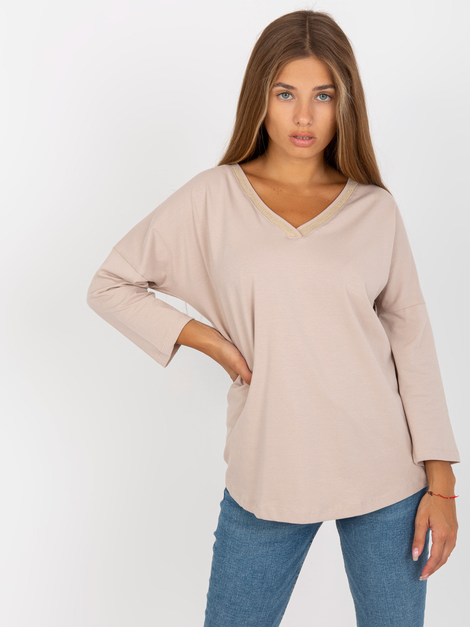 Béžové dámske tričko s výstrihom RV-BZ-8050.04-beige Veľkosť: S/M