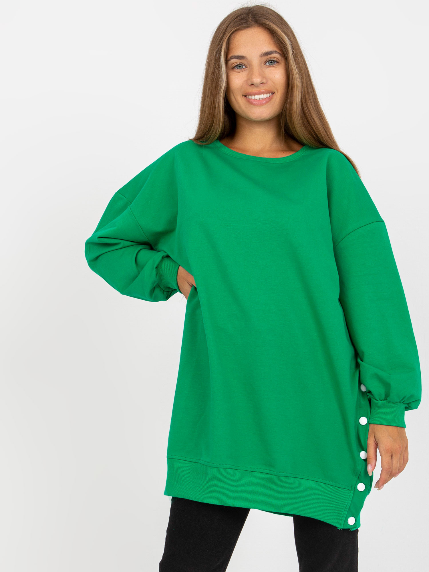 Zelená mikinová tunika s gombíkmi na bokoch RV-TU-8062.19P-green Veľkosť: S/M