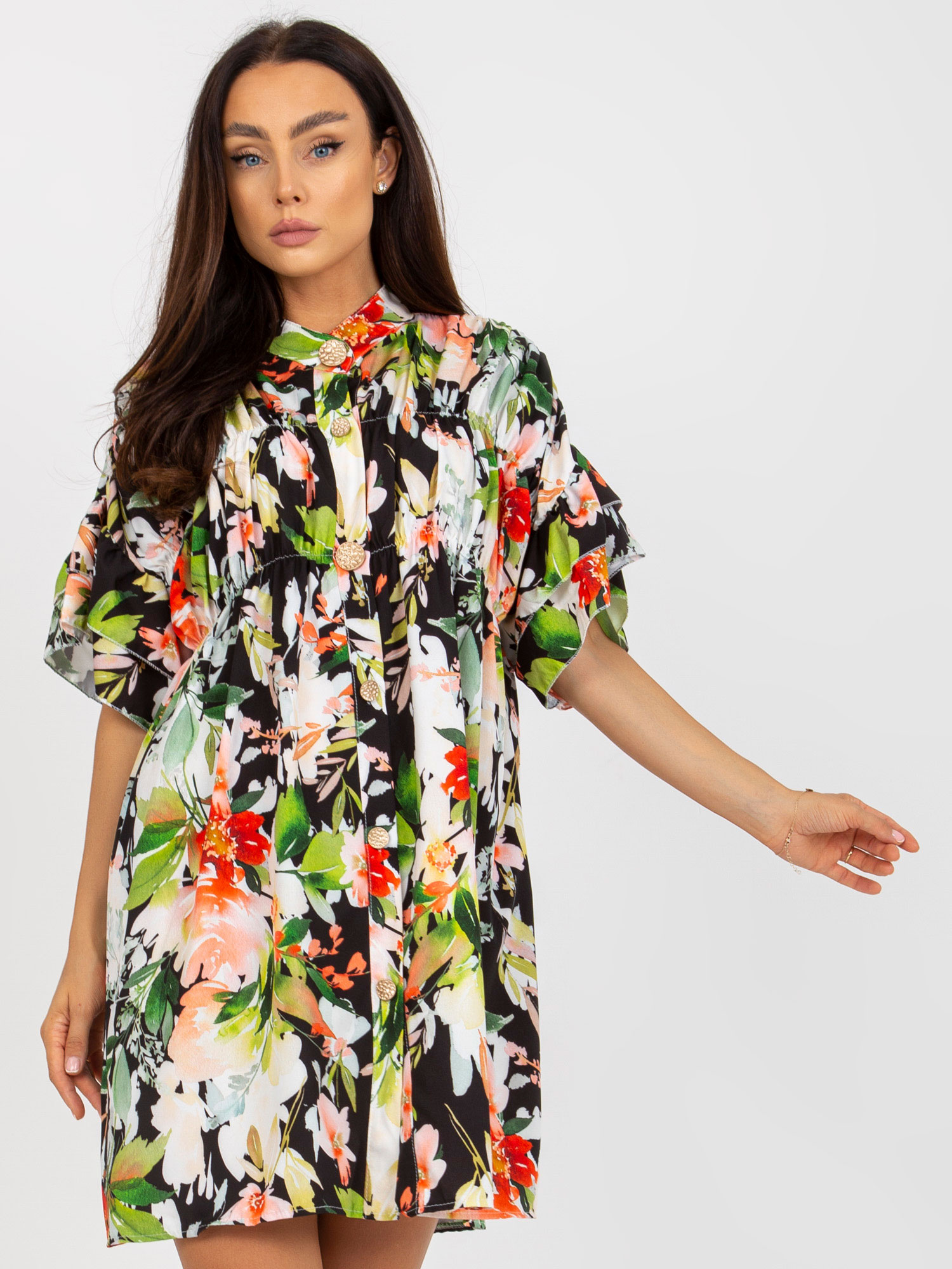 Kvetované košeľové šaty so vzormi -DHJ-SK-6871-2.91P-black Veľkosť: ONE SIZE
