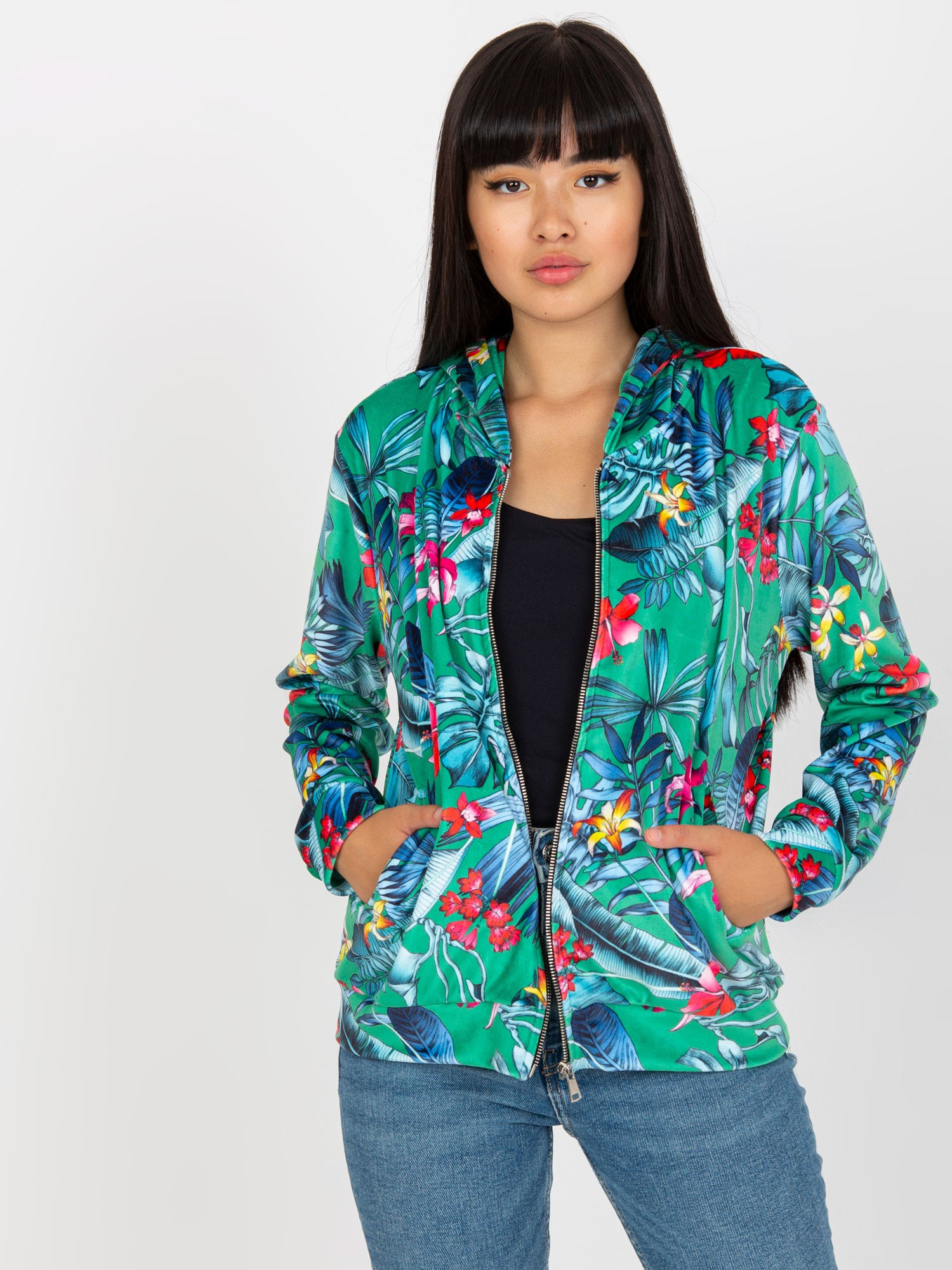Zelená bomber mikina s tropickým vzorom RV-BL-8120.69P-green Veľkosť: S/M
