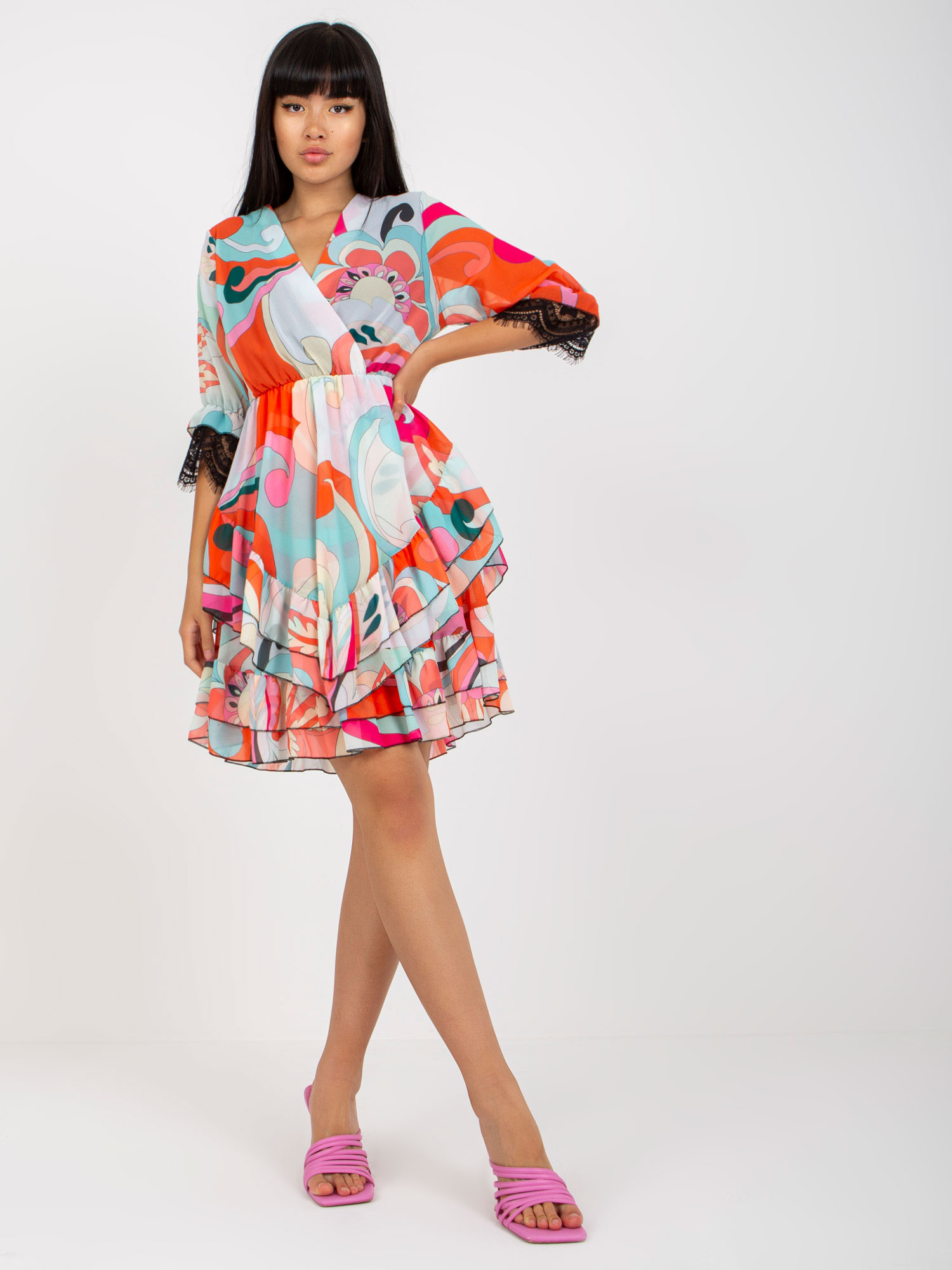 Viacfarebné volánikové šaty DHJ-SK-0997-2.34X-orange Veľkosť: ONE SIZE