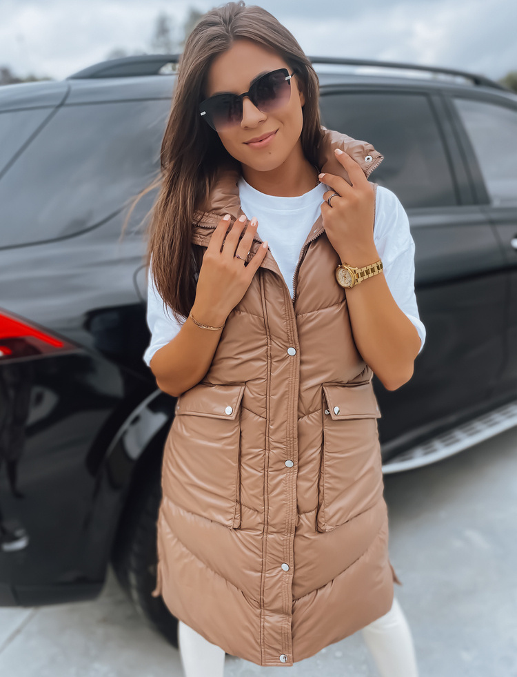 Hnedá lesklá dlhá vesta MARIEL TY3016 Veľkosť: L