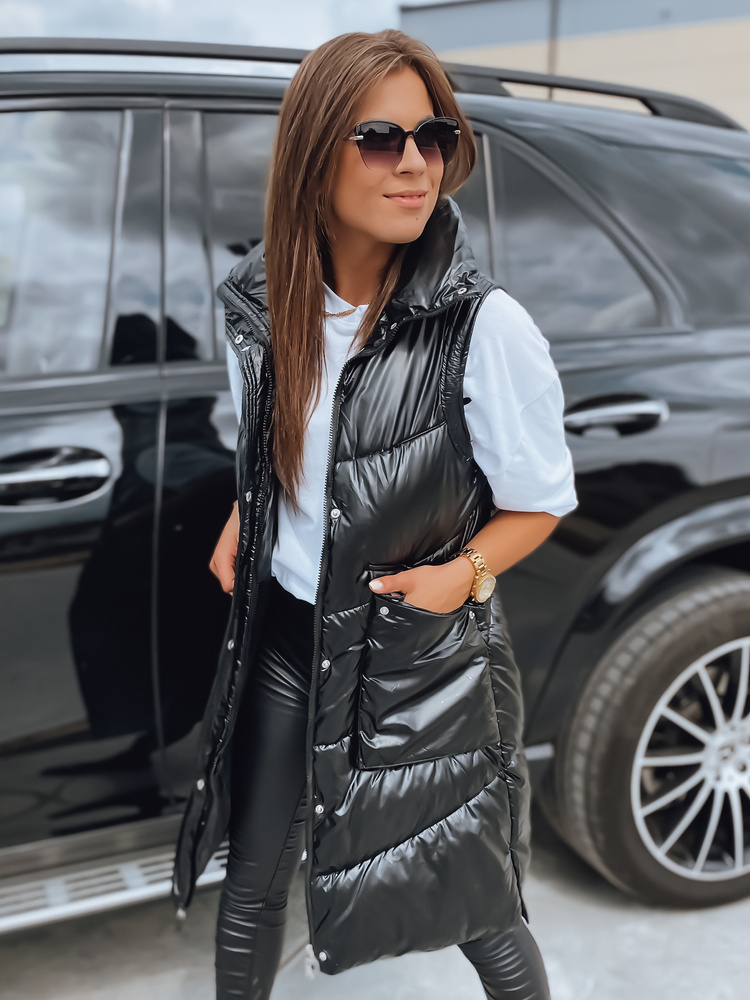 Čierna lesklá dlhá vesta MARIEL TY3017 Veľkosť: S