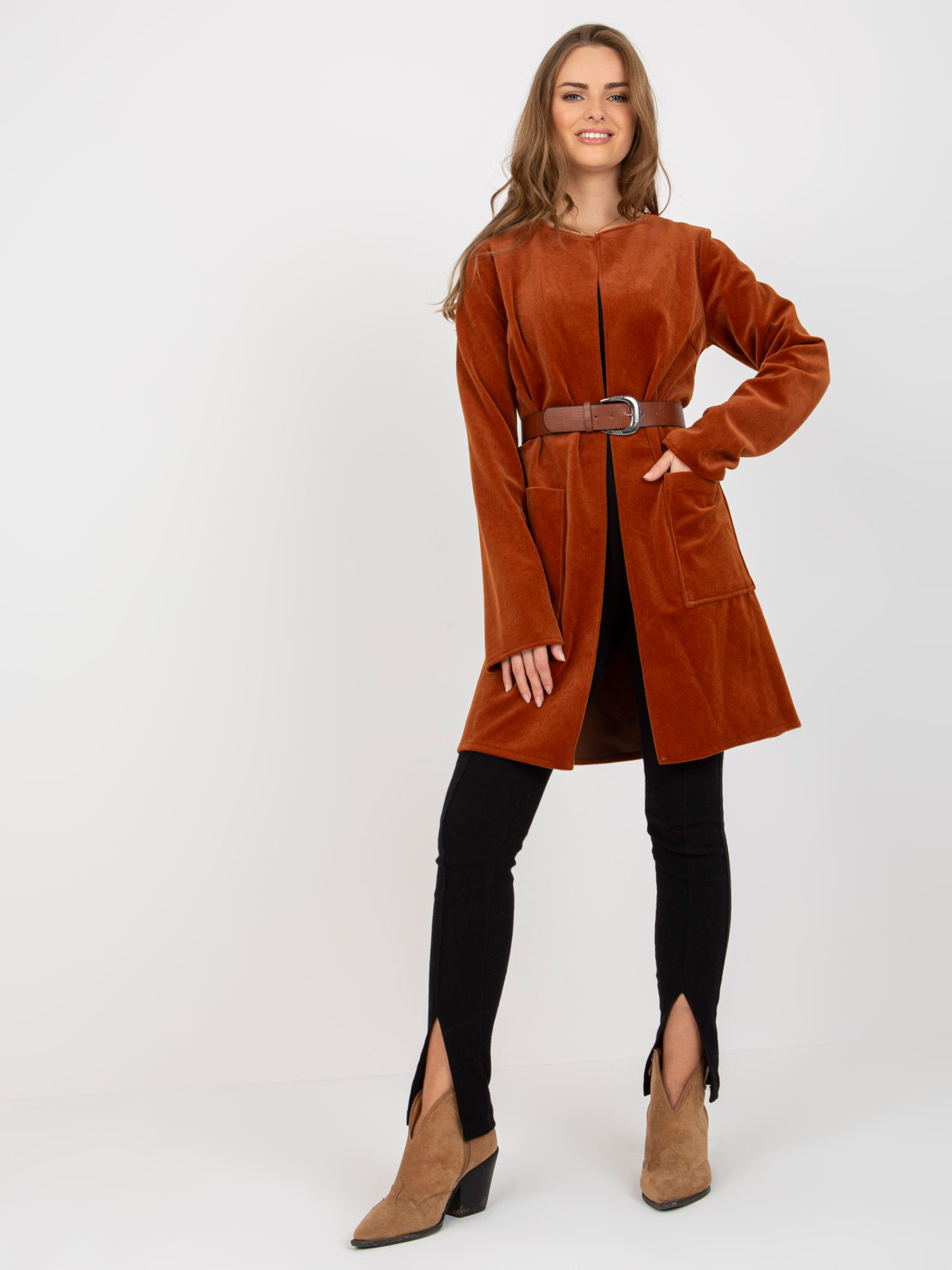 Hnedý ľahký kabát s opaskom -LK-NA-507013.04P-light brown Veľkosť: 36