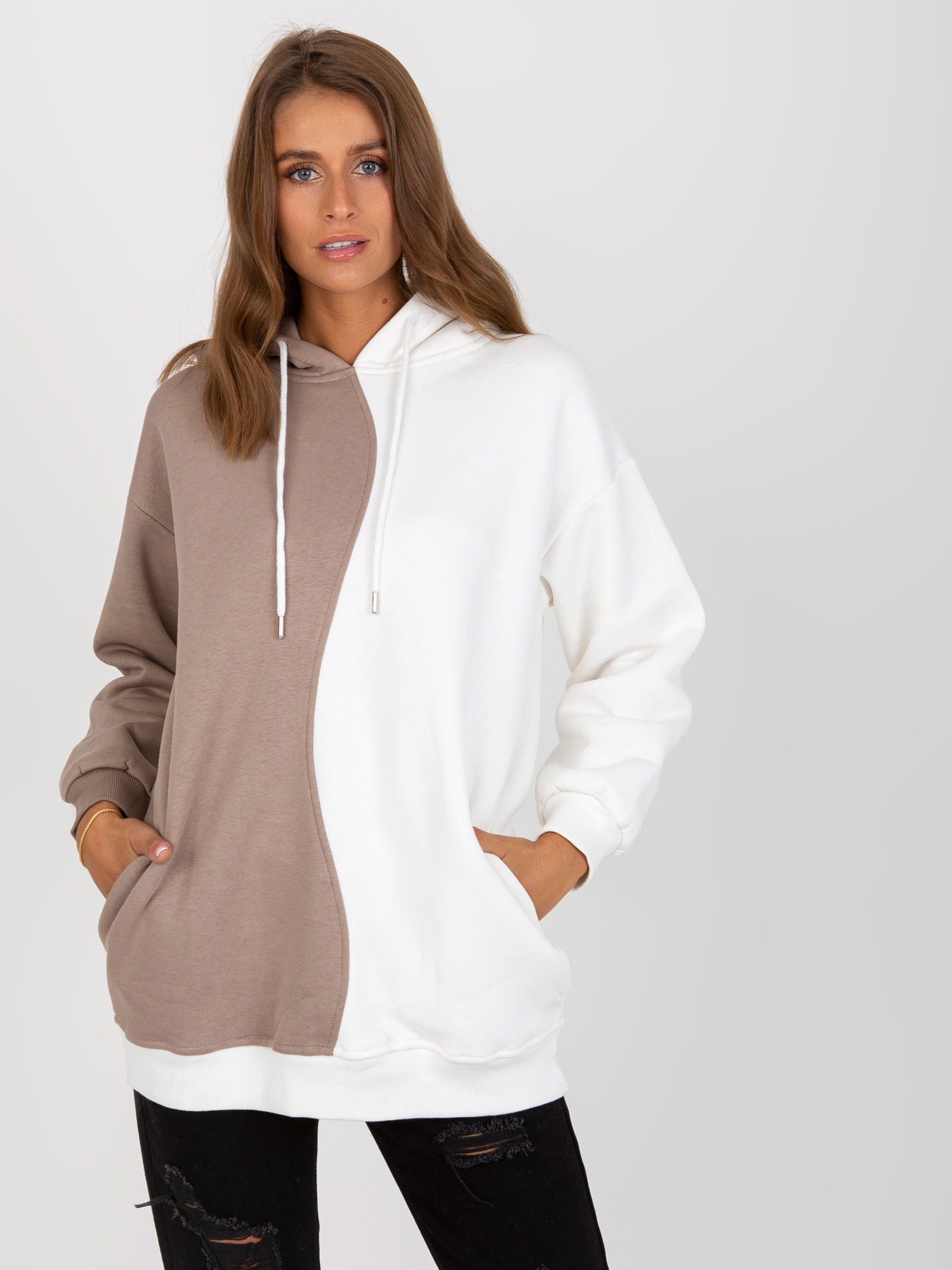 Béžovo-biela mikina s kapucňou -RV-BL-8233.32X-beige-white Veľkosť: L/XL