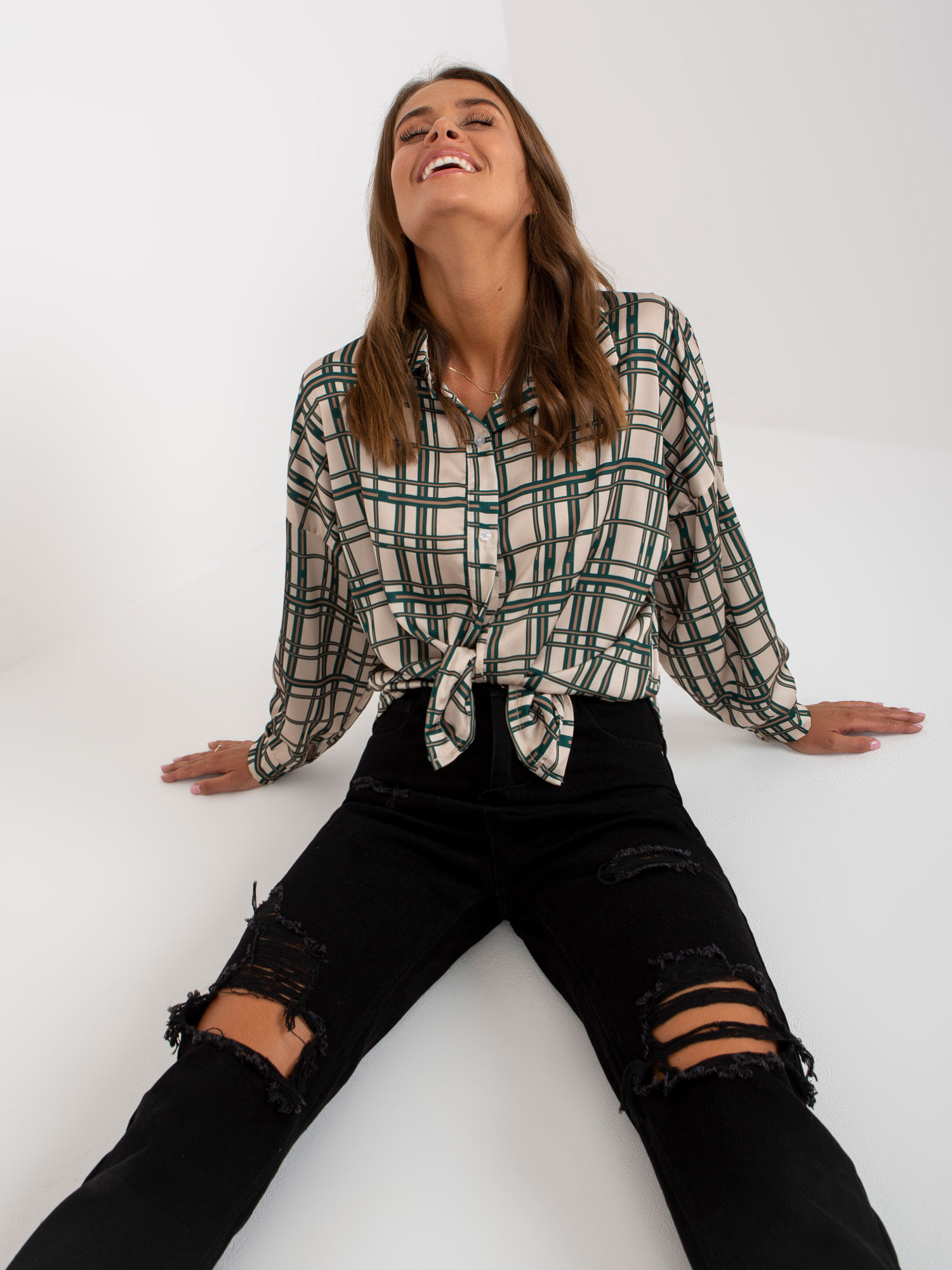 Károvaná voľná košeľa - béžová/zelená -EM-KS-3292.699 Veľkosť: ONE SIZE