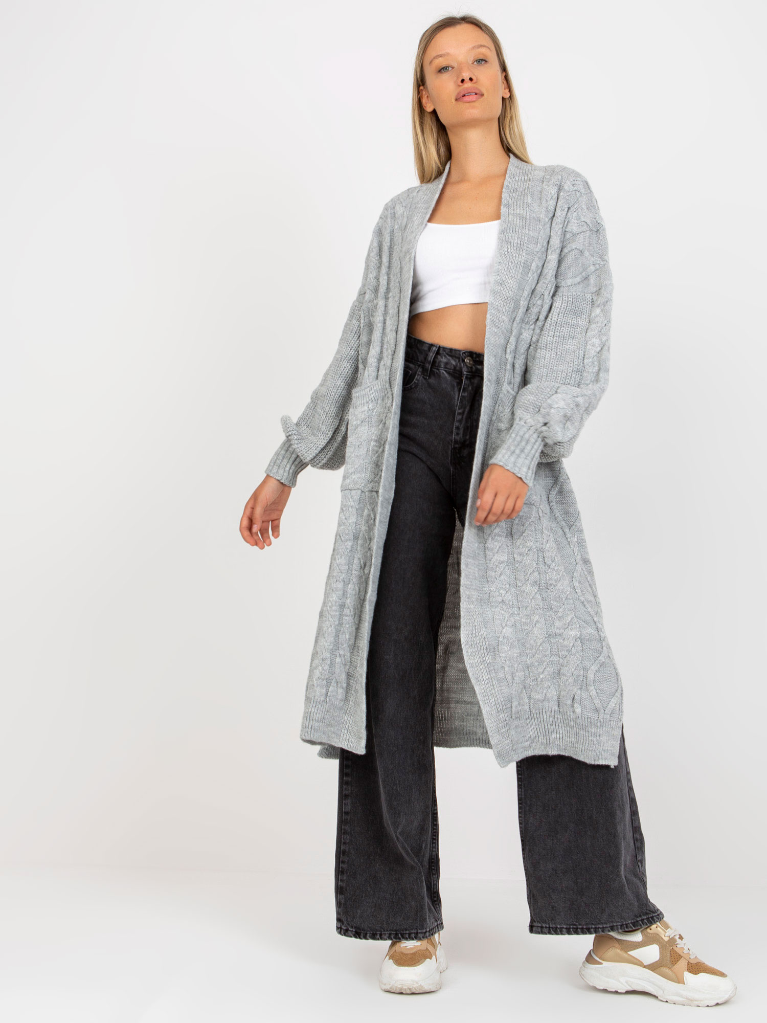 Svetlosivý maxi kardigan s vreckami -LC-SW-8032.34P-light grey Veľkosť: ONE SIZE