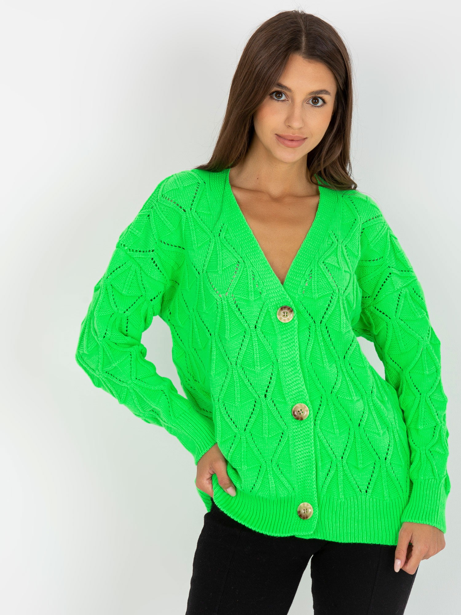 Neónovo zelený pletený svetrík na gombíky LC-SW-8035.06X-fluo green Veľkosť: ONE SIZE