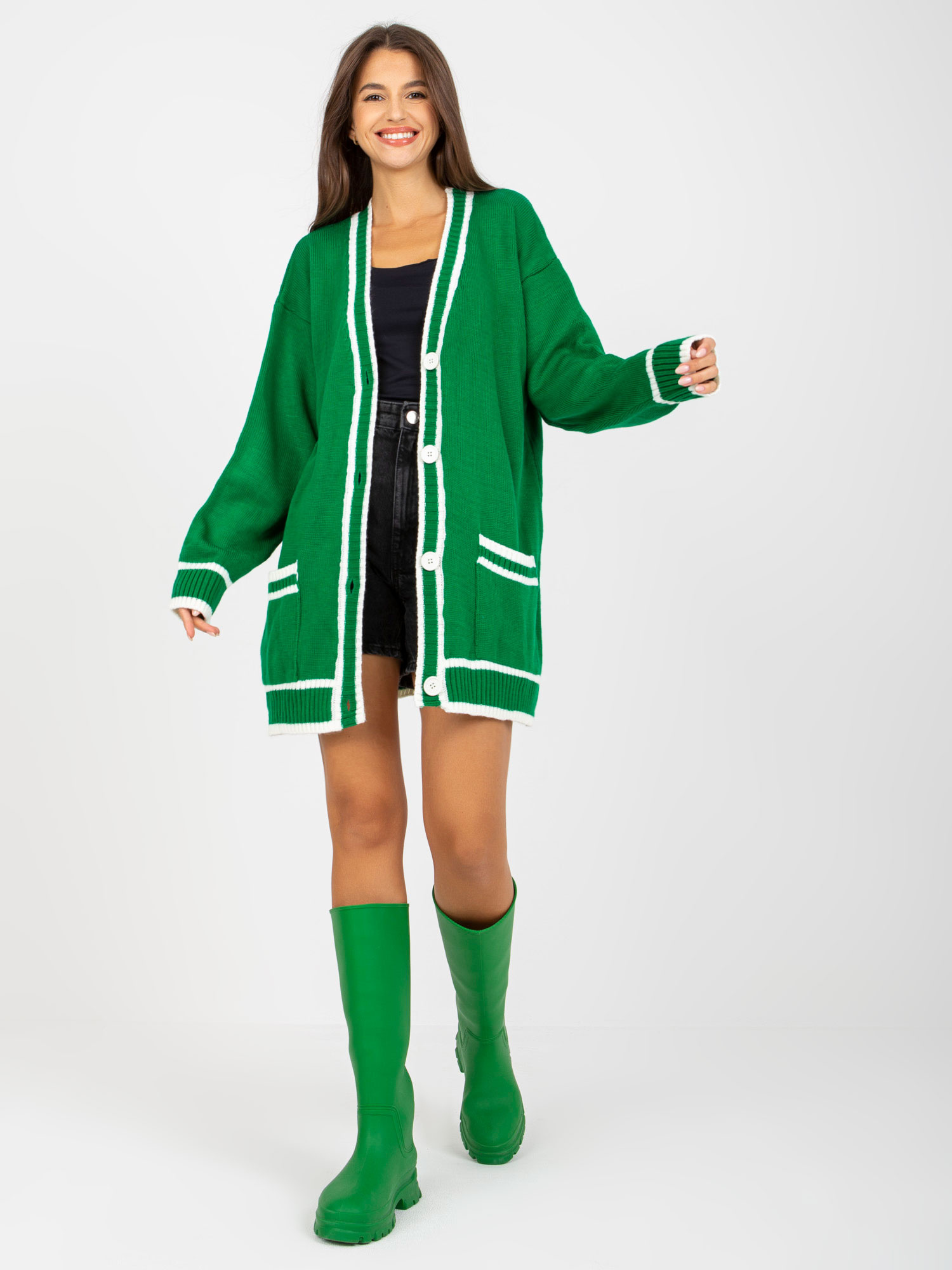 Zelený dlhý sveter s gombíkmi a lemovaním LC-SW-0333.06X-green Veľkosť: ONE SIZE