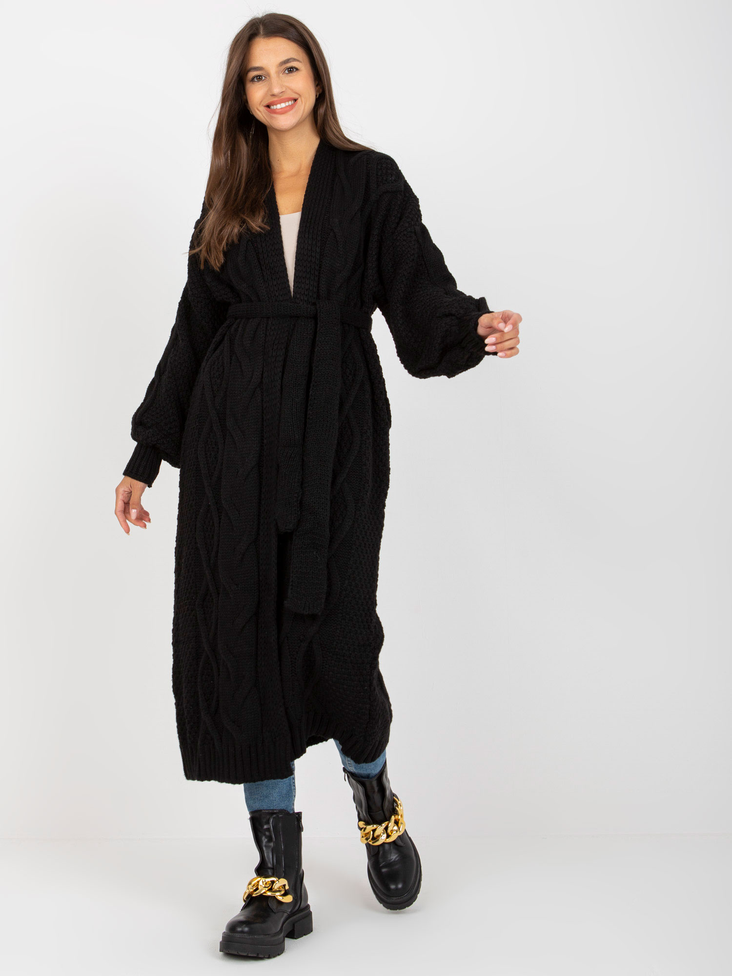 Čierny pletený dlhý kardigán na zaväzovanie -LC-SW-8020.16P-black Veľkosť: ONE SIZE