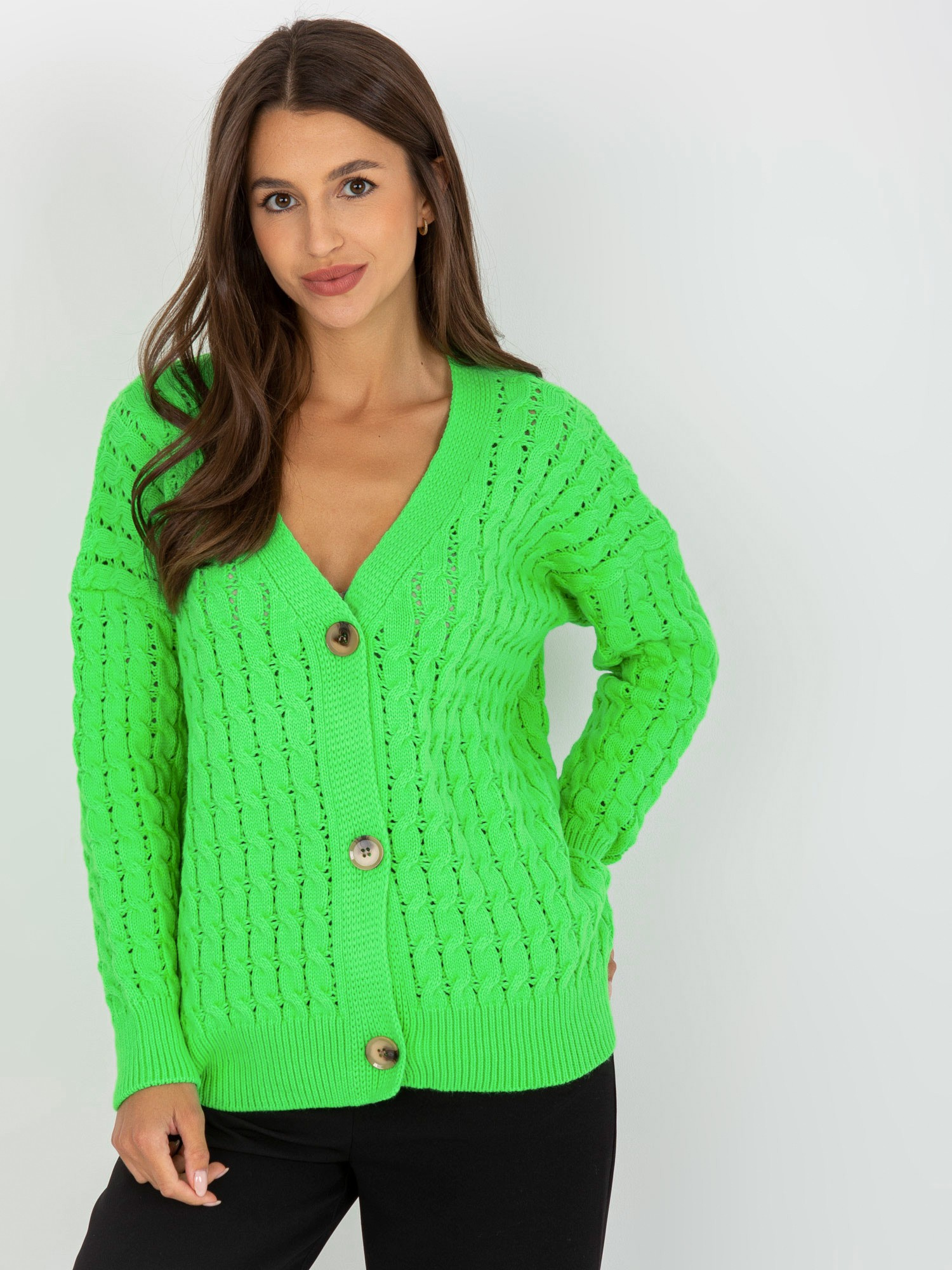 Neónovo zelený pletený sveter na gombíky LC-SW-8036.74P-fluo green Veľkosť: ONE SIZE