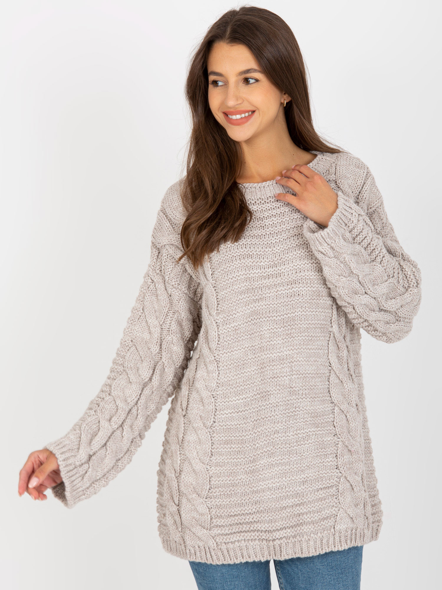Svetlobéžový svetrík s vrkočovým vzorom -LC-SW-8044.06X-beige Veľkosť: ONE SIZE