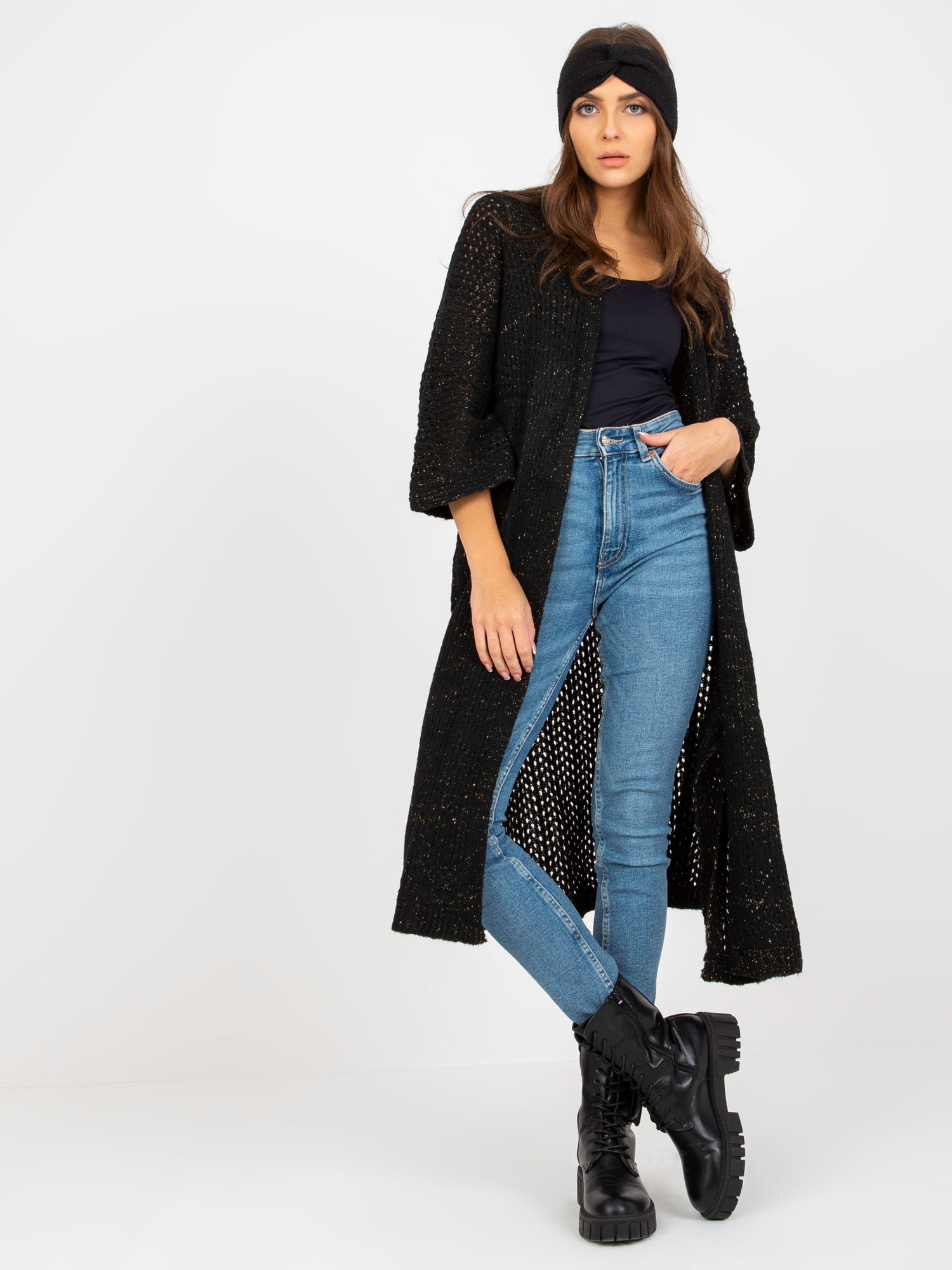 Čierny dlhý čipkovaný kardigan -TW-SW-BI-M31.36X-black Veľkosť: ONE SIZE