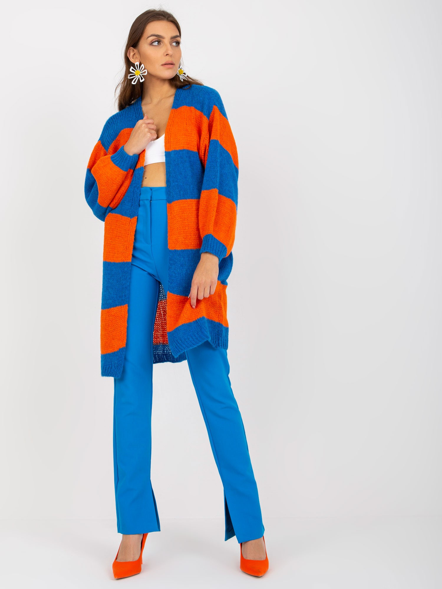 Dlhší voľný pletený kardigan - modrá-oranžová TW-SW-BI-M3022.29X-blue-orange Veľkosť: ONE SIZE
