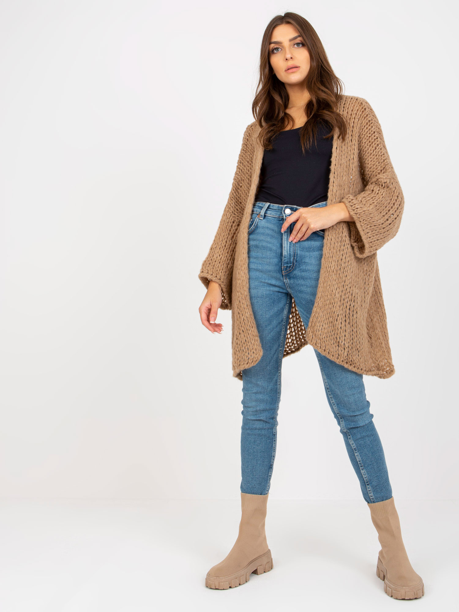 Tmavobéžový pletený kardigan -TW-SW-BI-M2202.29X-dark beige Veľkosť: ONE SIZE