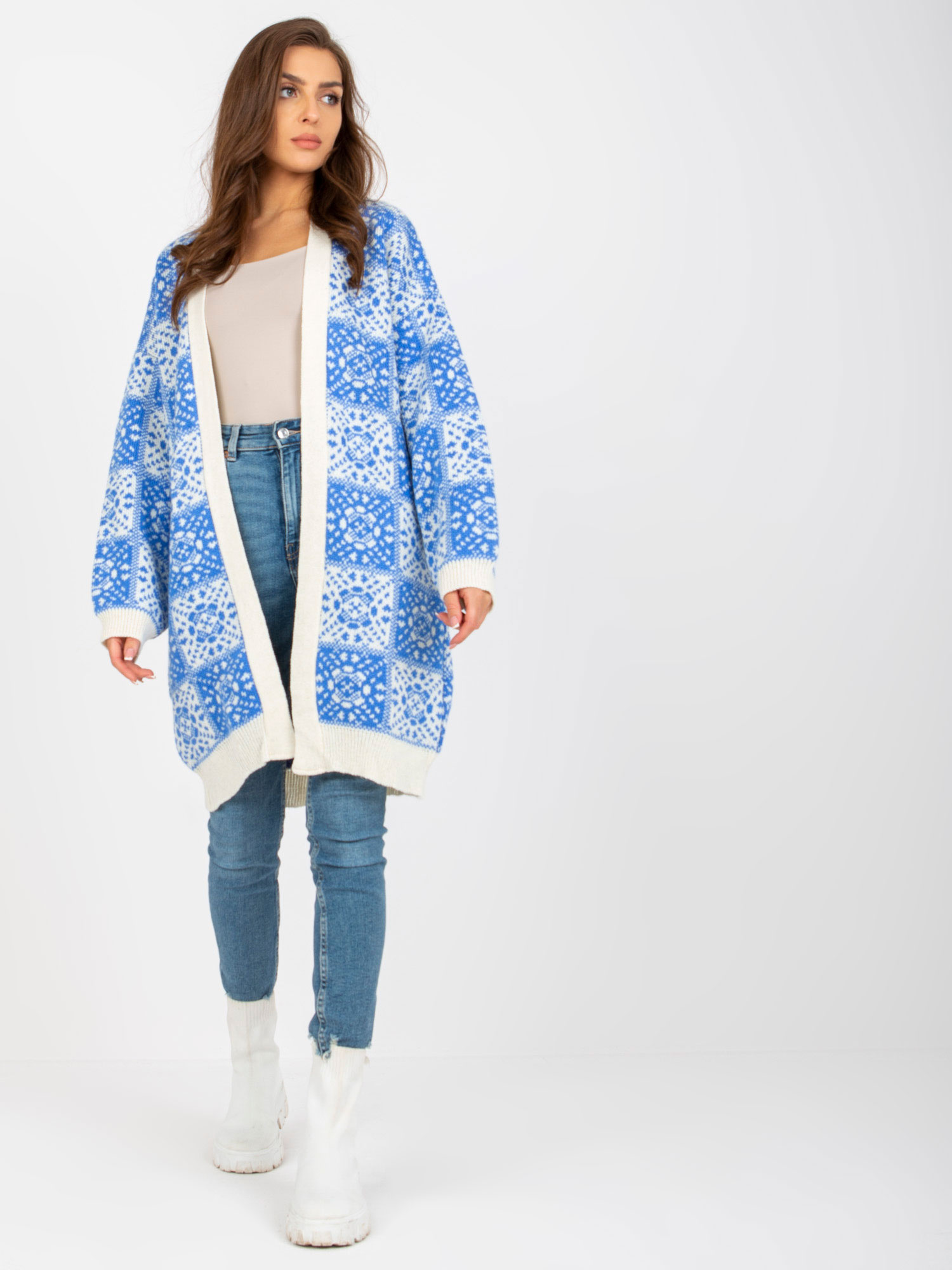 Modro-biely dlhší vzorovaný kardigan -LC-SW-0301.45P-white-blue Veľkosť: ONE SIZE