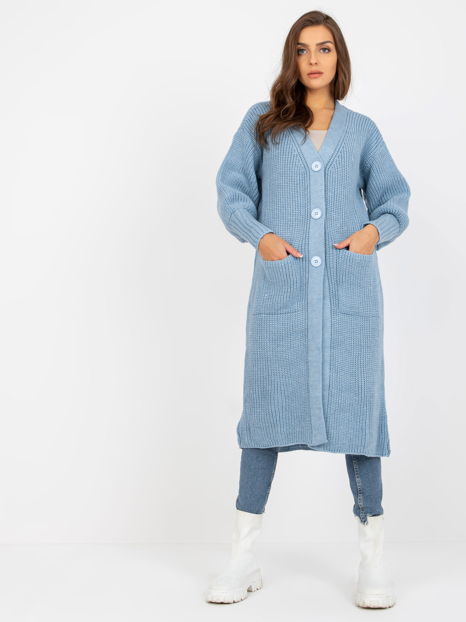 Svetlomodrý dlhý kardigan s vreckami TW-SW-BL-0100.38X-light blue Veľkosť: ONE SIZE