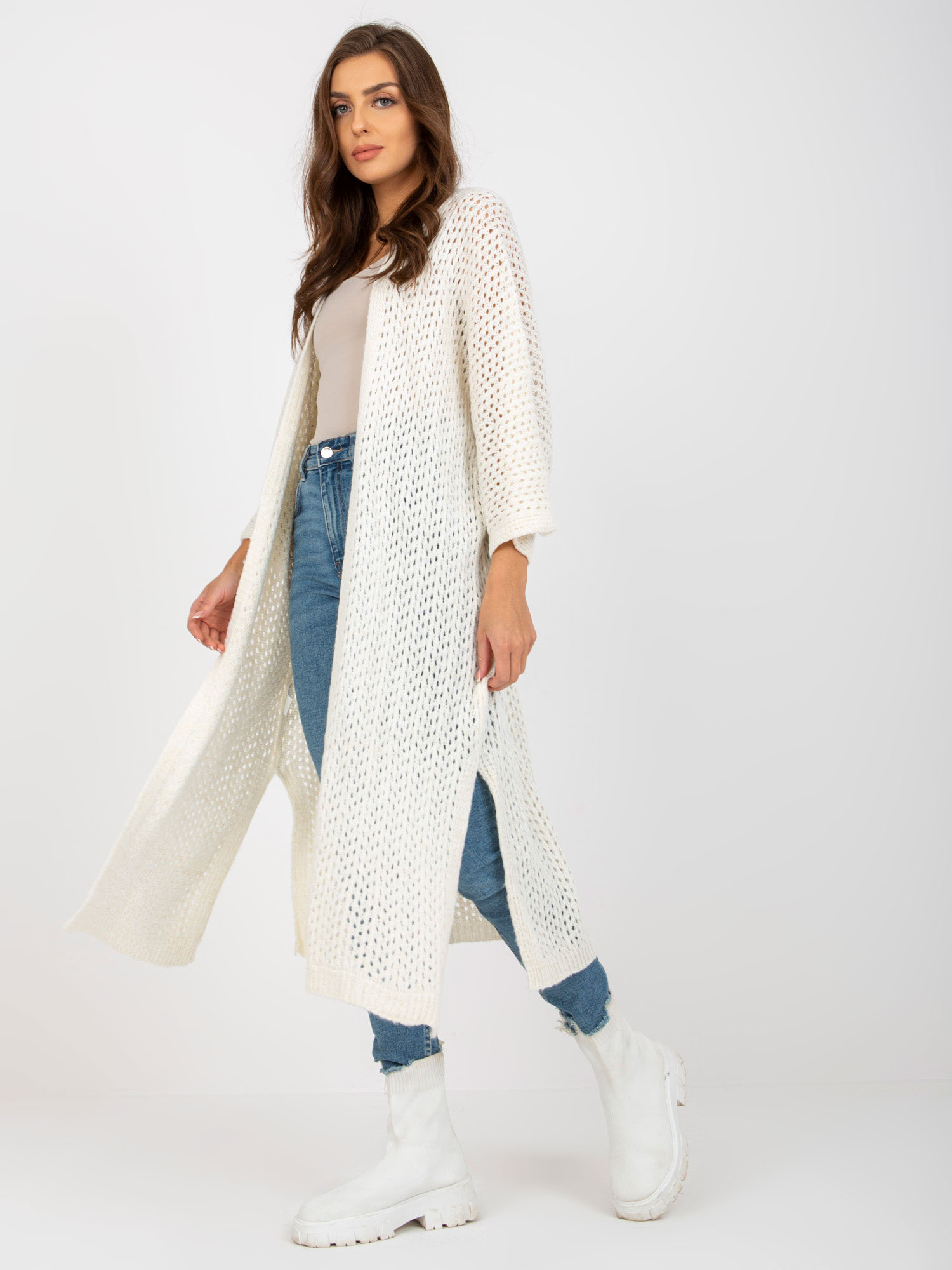 Smotanový dlhý čipkovaný kardigan -TW-SW-BI-M31.36X-ecru Veľkosť: ONE SIZE