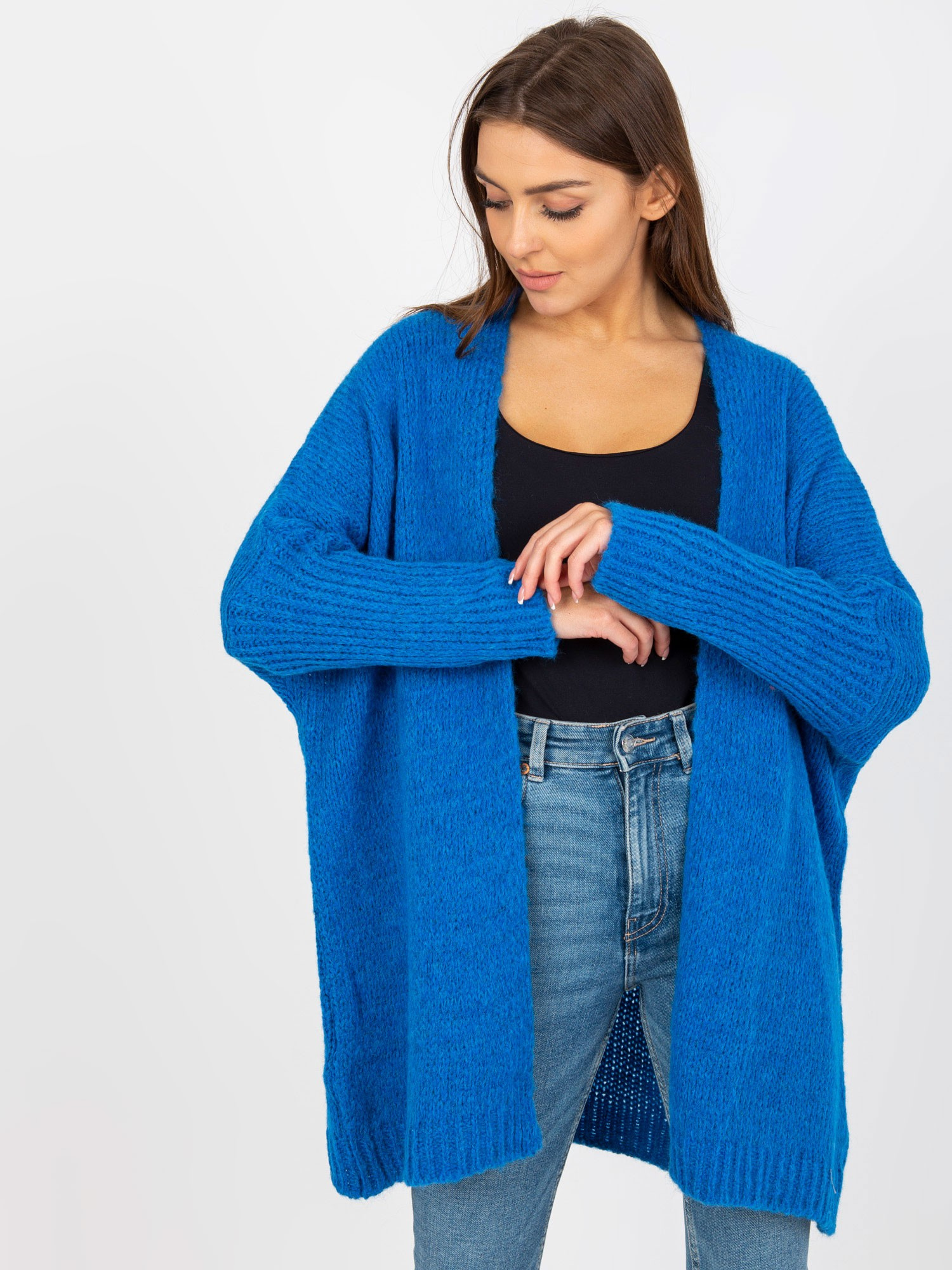Modrý kardigan s nápisom na chrbte TW-SW-BI-M2201.87-blue Veľkosť: ONE SIZE