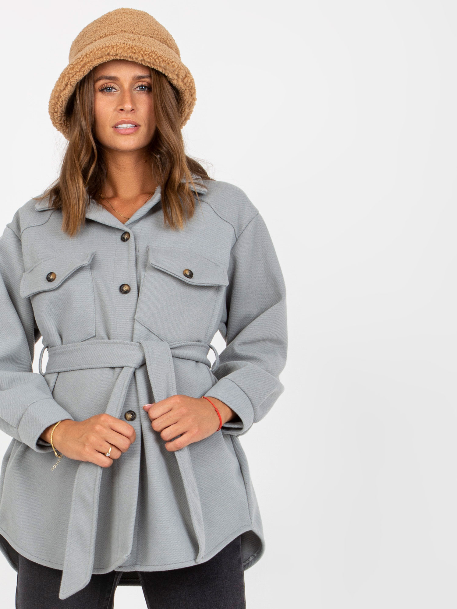Sivý teplý košeľový kabátik EM-PL-2939-1.59P-grey Veľkosť: ONE SIZE