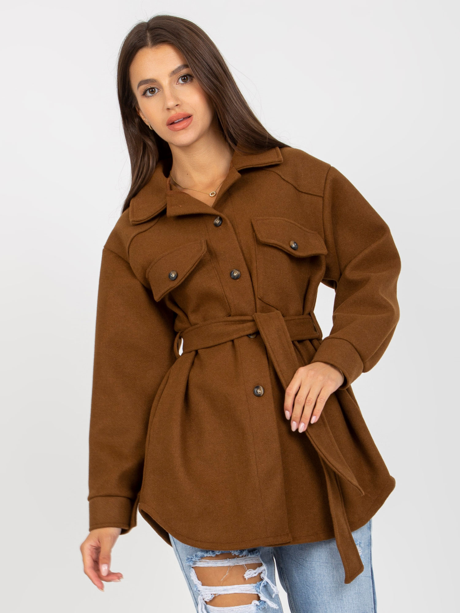 Hnedý teplý košeľový kabátik -EM-PL-2939.85-brown Veľkosť: ONE SIZE