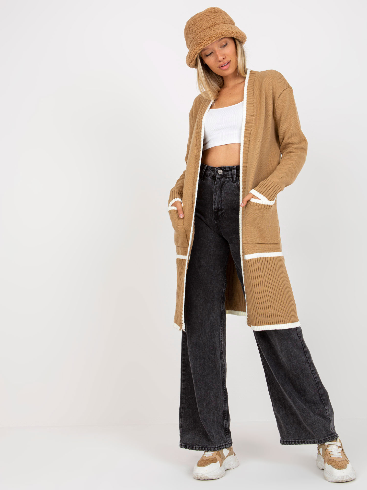 Béžový kardigán s lemovaním a vreckami LC-SW-0340.42P-beige Veľkosť: ONE SIZE