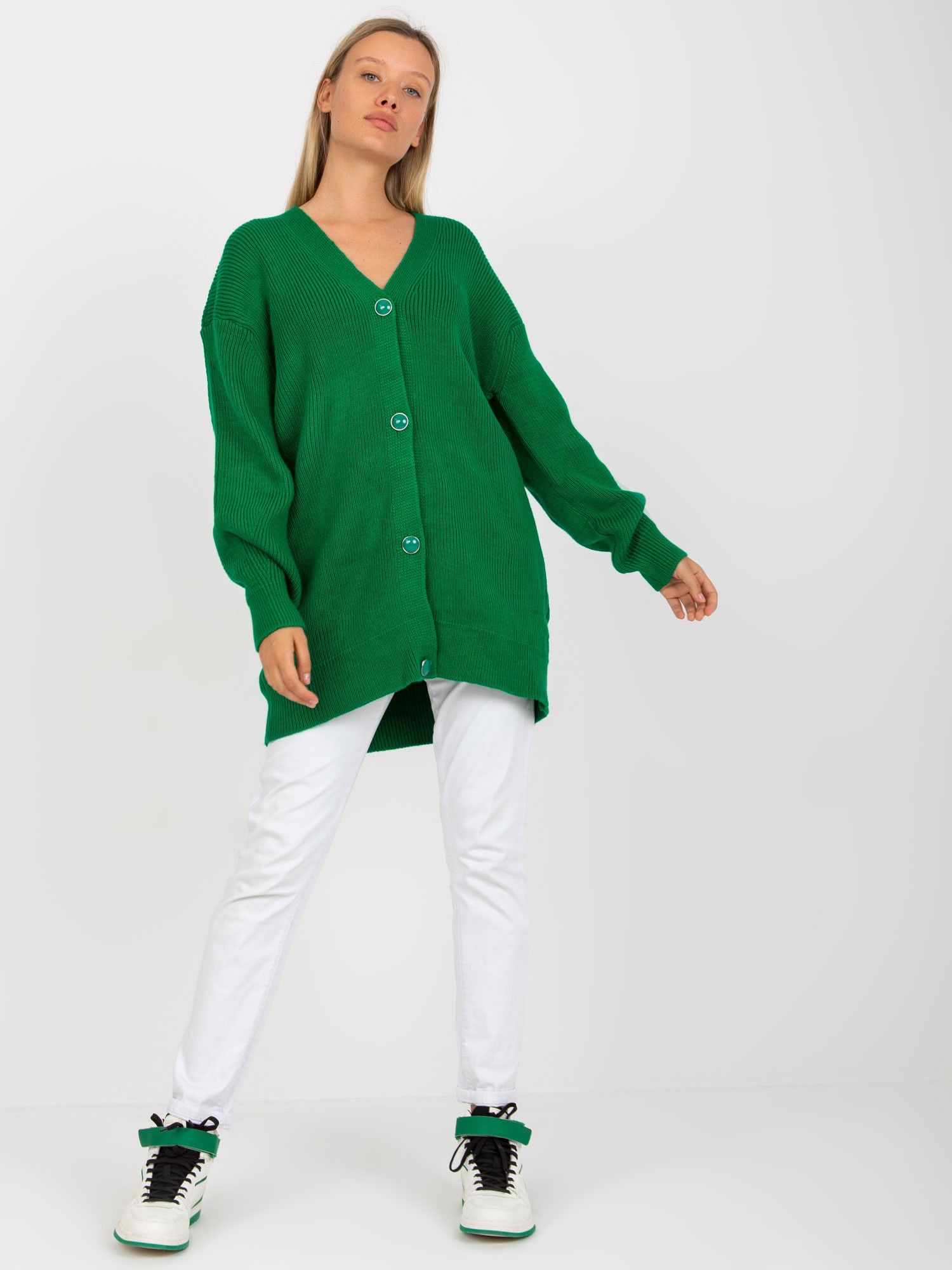 Zelený dlhší sveter so zapínaním na gombíky LC-SW-0267.06X-green Veľkosť: ONE SIZE