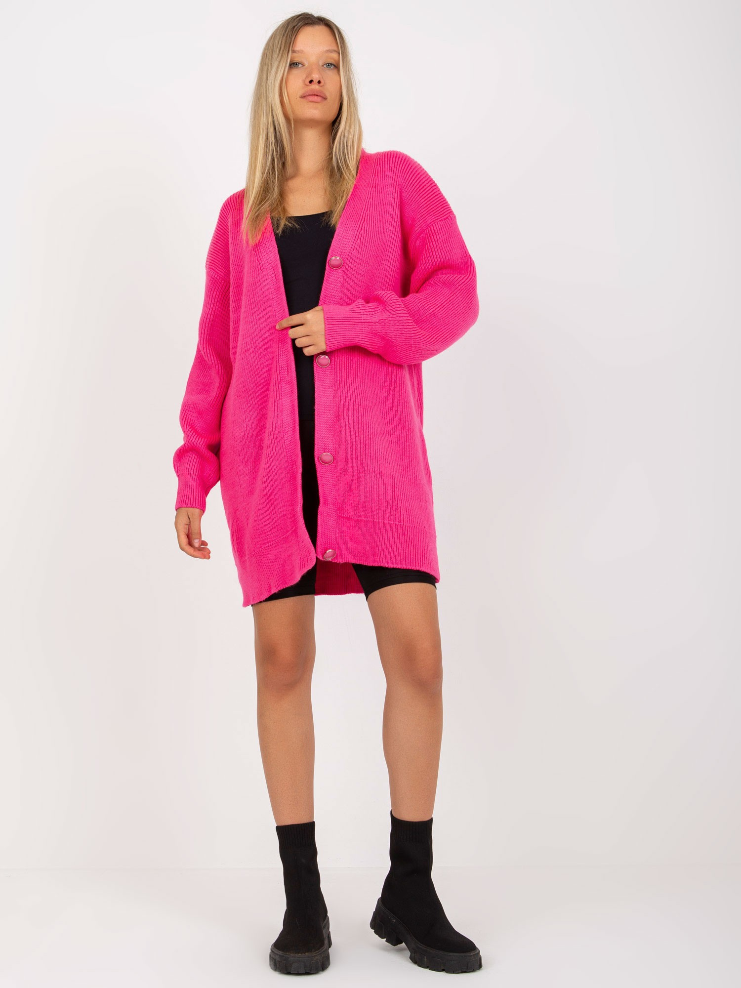 Ružový dlhší sveter so zapínaním na gombíky LC-SW-0267.06X-fluo pink Veľkosť: ONE SIZE