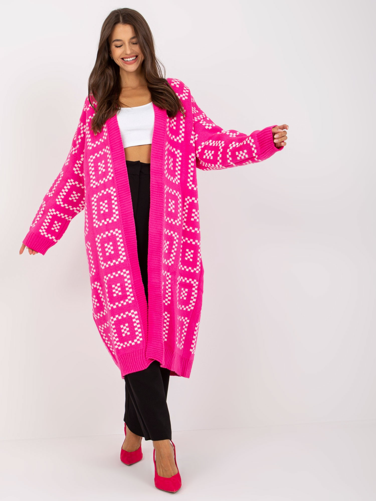 Neónovo ružový dlhý oversized kardigan LC-SW-0296.08P-fluo pink Veľkosť: ONE SIZE