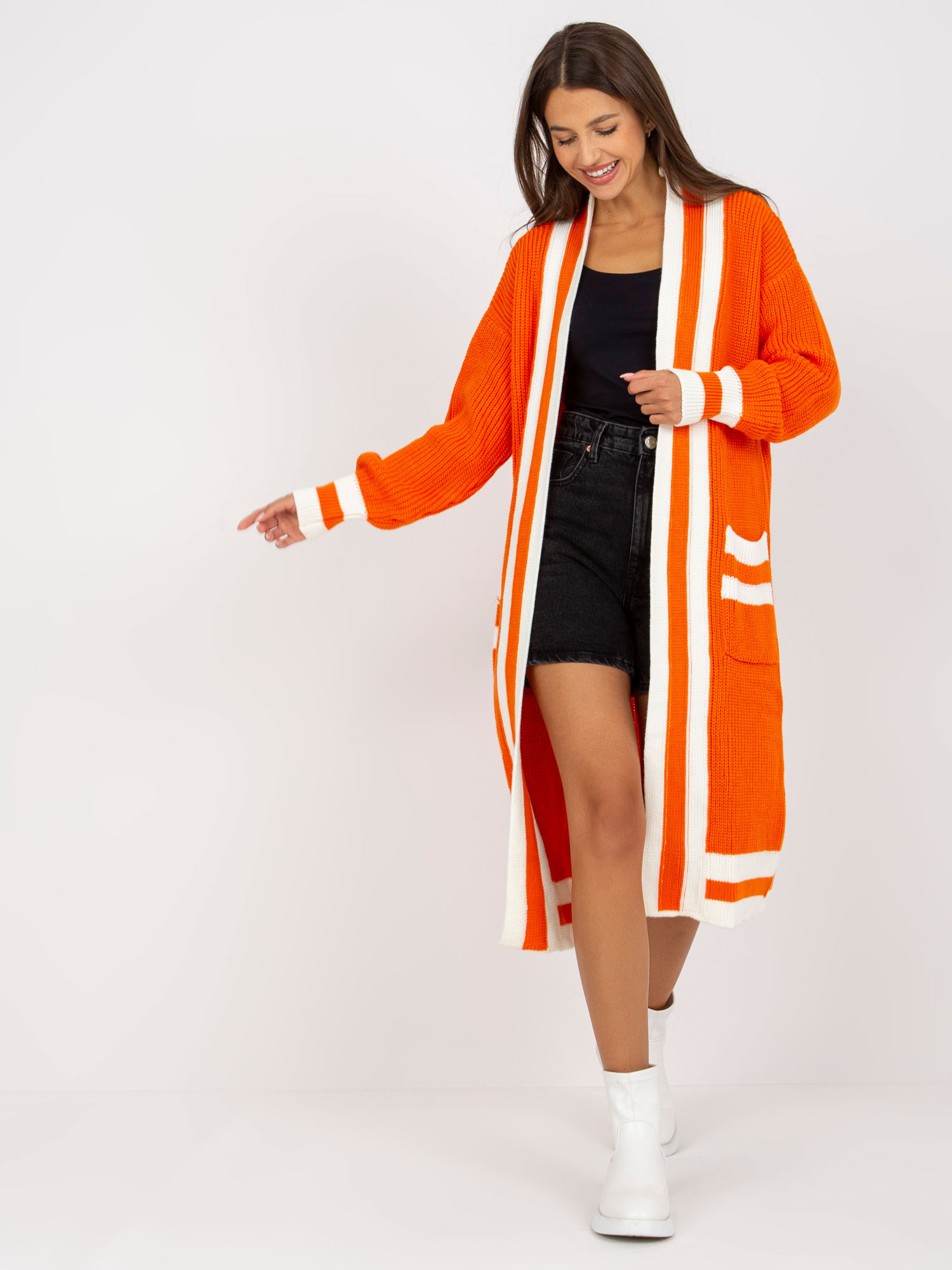 Oranžový dlhý kardigan lemovaný pruhmi LC-SW-0291.06Xorange Veľkosť: ONE SIZE
