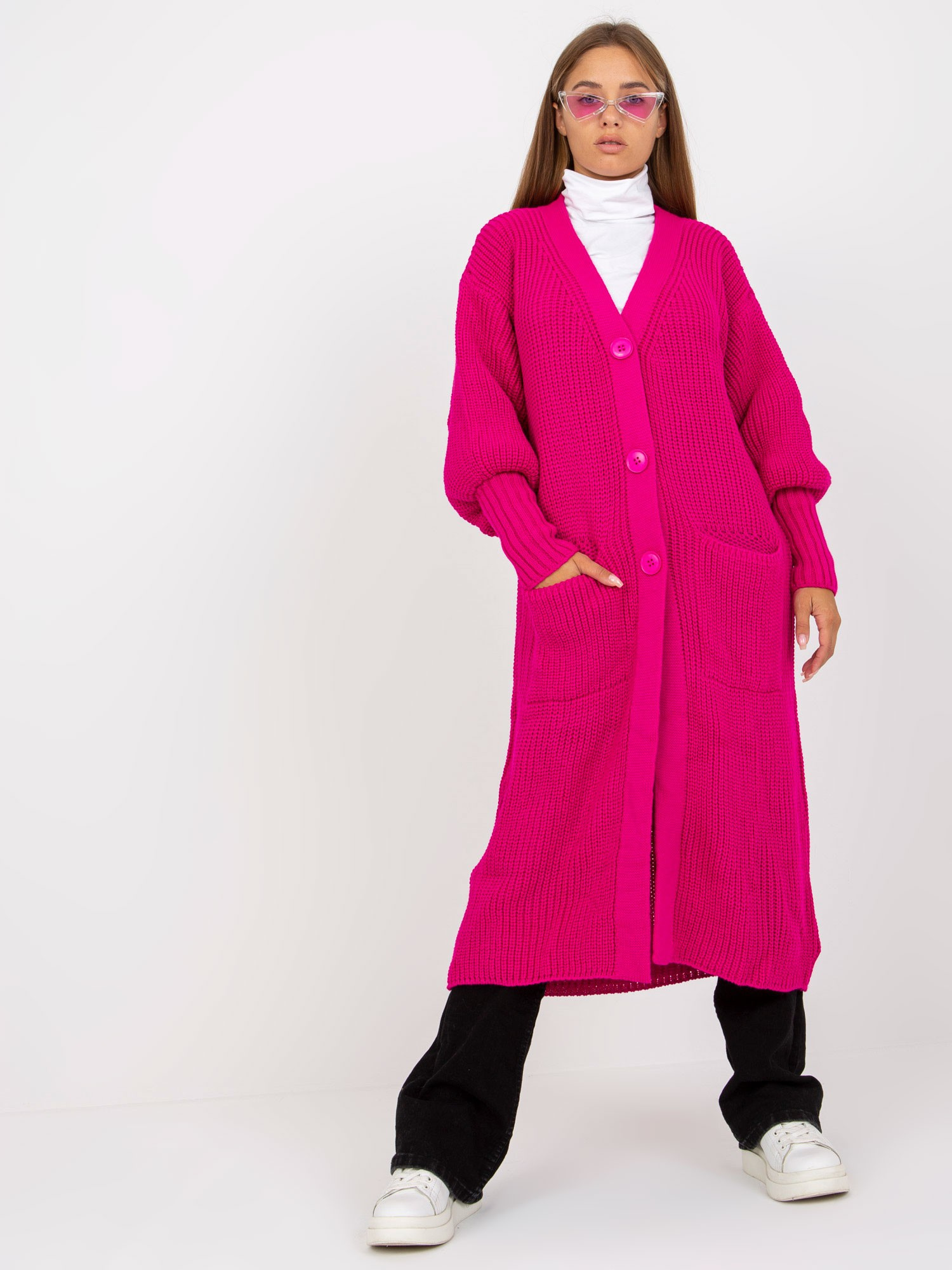 Fuchsiový dlhý kardigan s vreckami TW-SW-BL-0100.38X-fuchsia Veľkosť: ONE SIZE