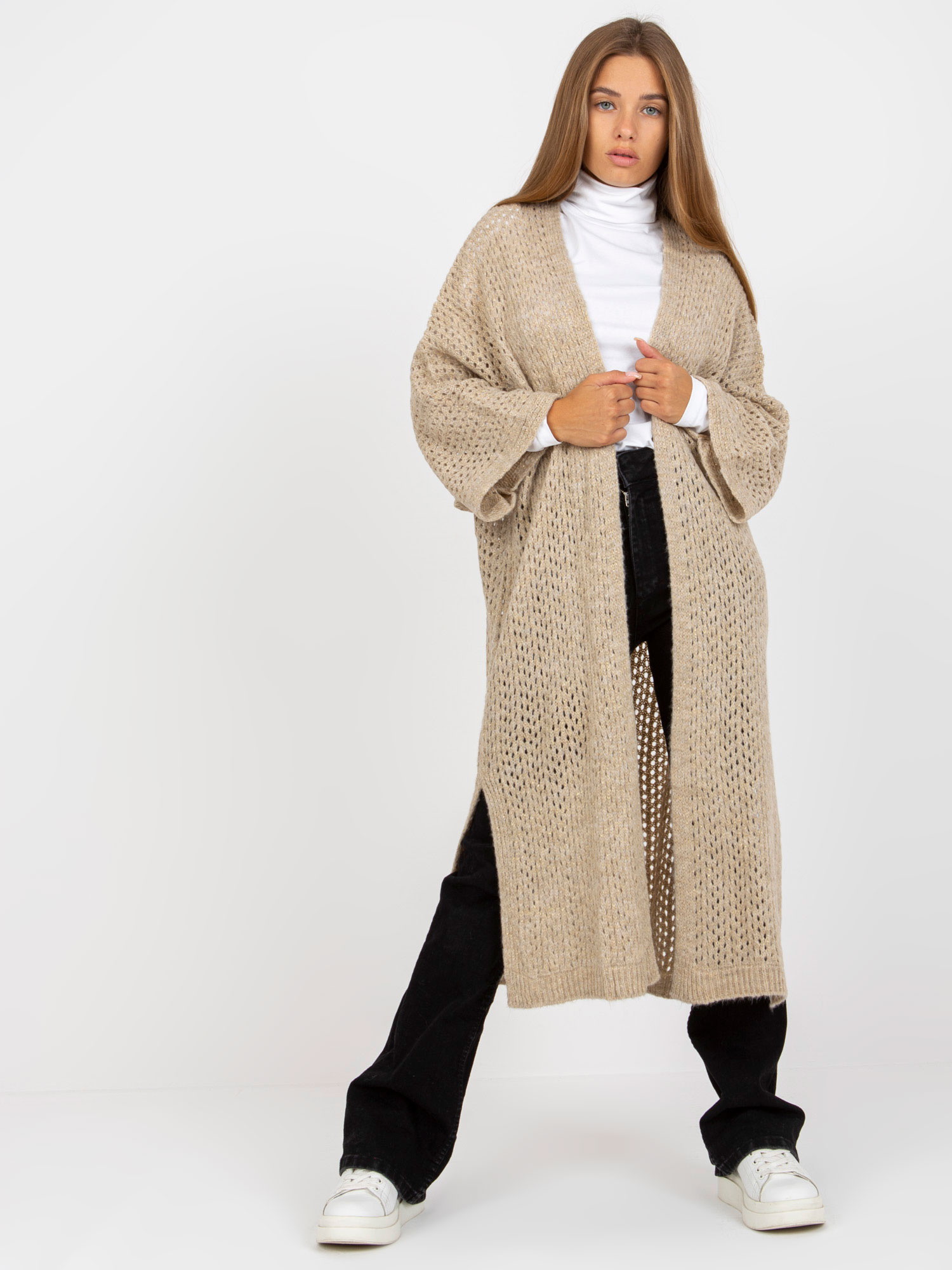 Béžový dlouhý háčkovaný kardigan TW-SW-BI-M31.36X-beige Veľkosť: ONE SIZE