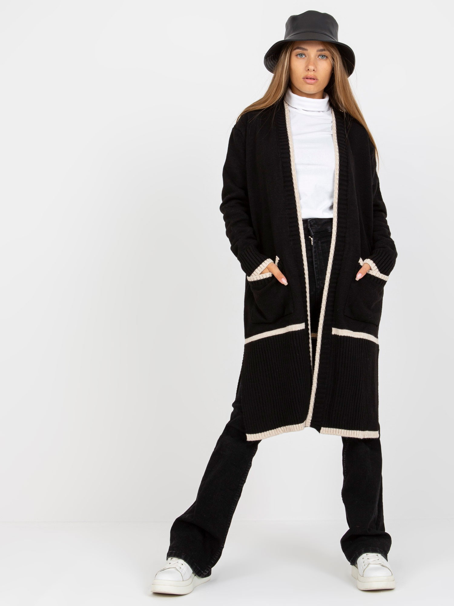 Čierny kardigan s lemovaním a vreckami -LC-SW-0340.42P-black Veľkosť: ONE SIZE