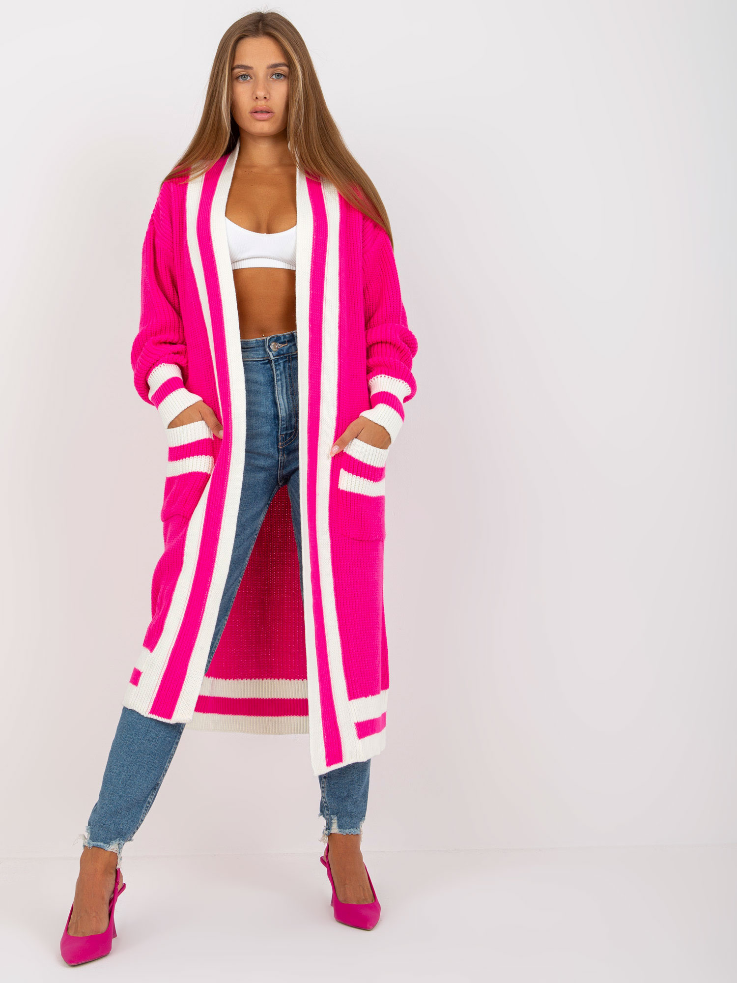 Ružový dlhý kardigan lemovaný pruhmi LC-SW-0291.06X-fluo pink Veľkosť: ONE SIZE