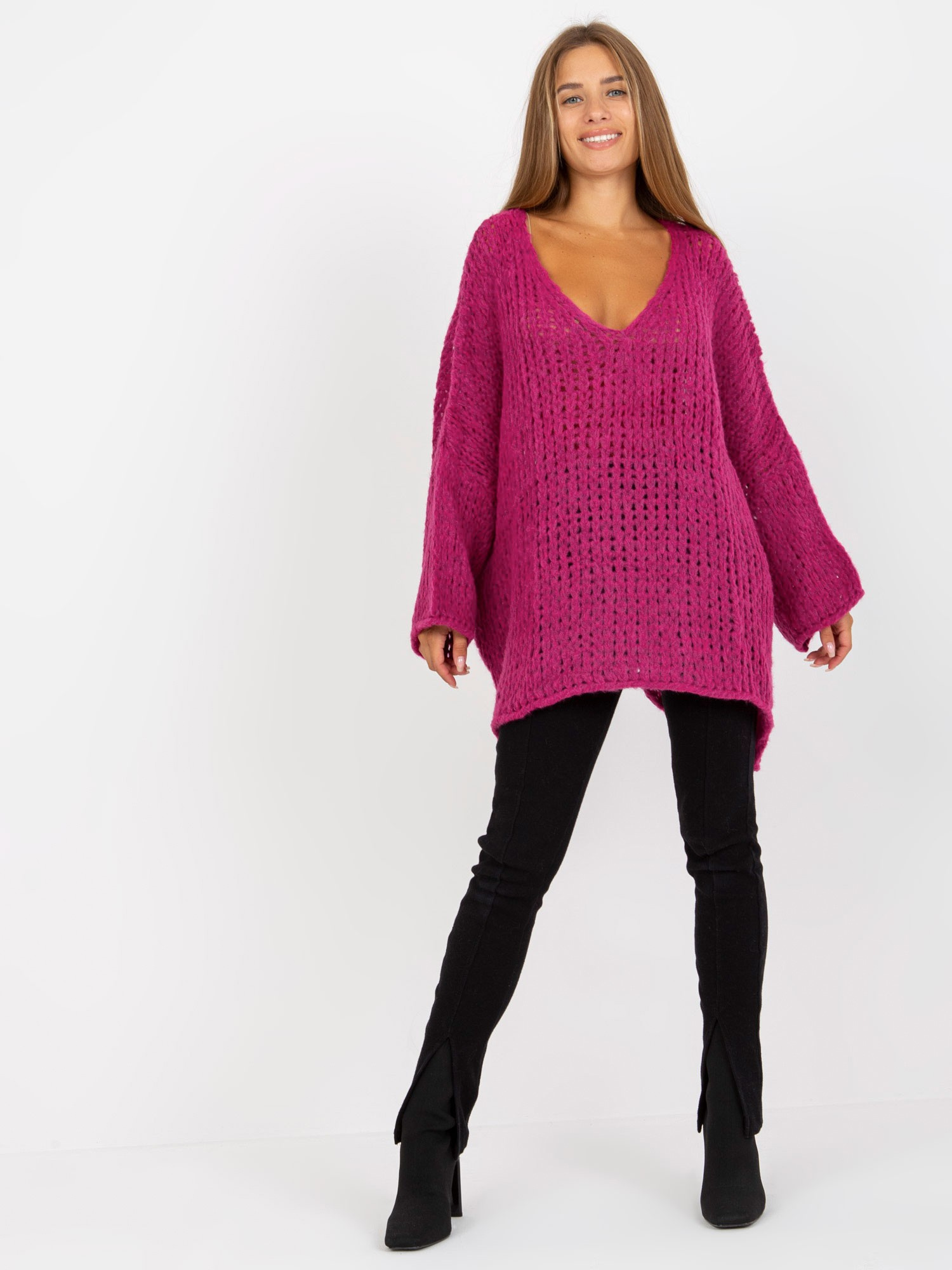 Fuchsiový oversize pletený svetr TW-SW-BI-M2200.27-fuchsia Veľkosť: ONE SIZE