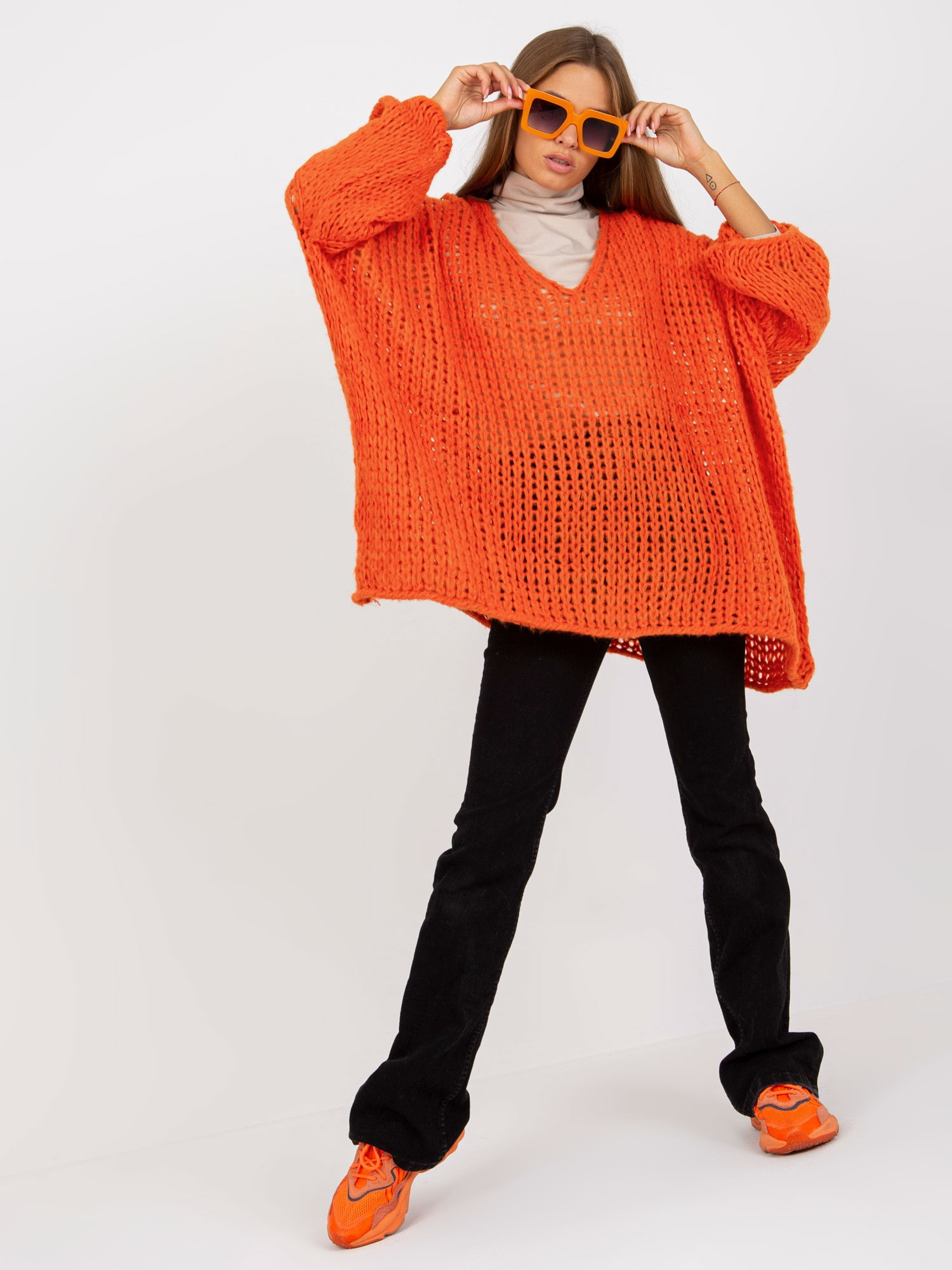 Oranžový oversize pletený sveter TW-SW-BI-M2200.27-orange Veľkosť: ONE SIZE