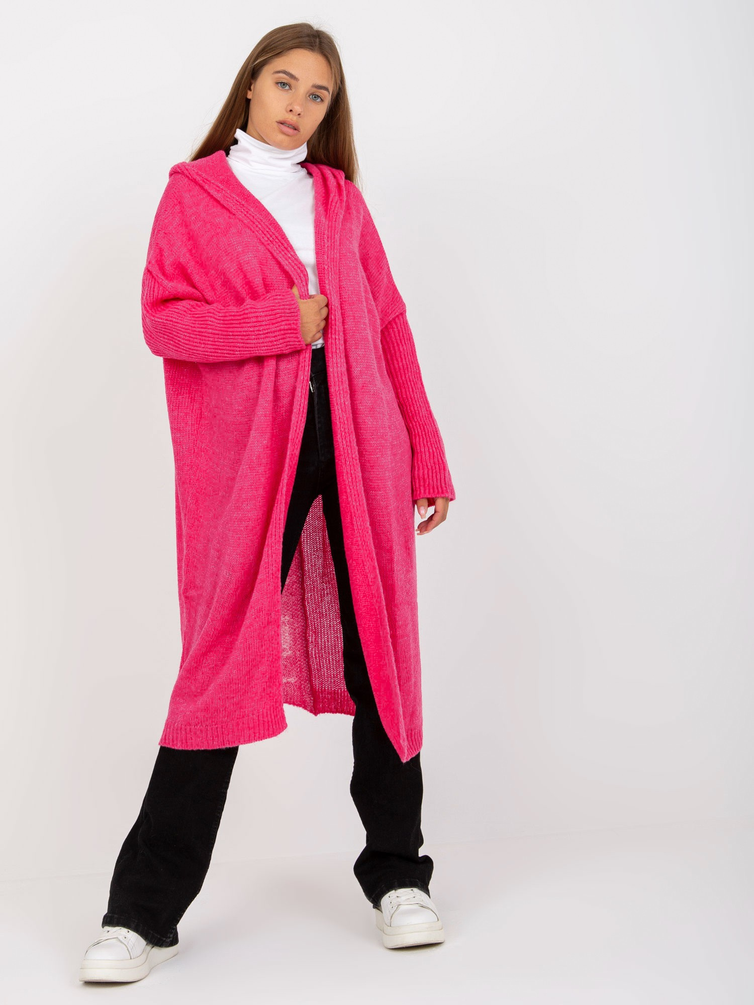 Ružový dlhý kardigán "Never give up" -TW-SW-BI-M56.35-fluo pink Veľkosť: ONE SIZE