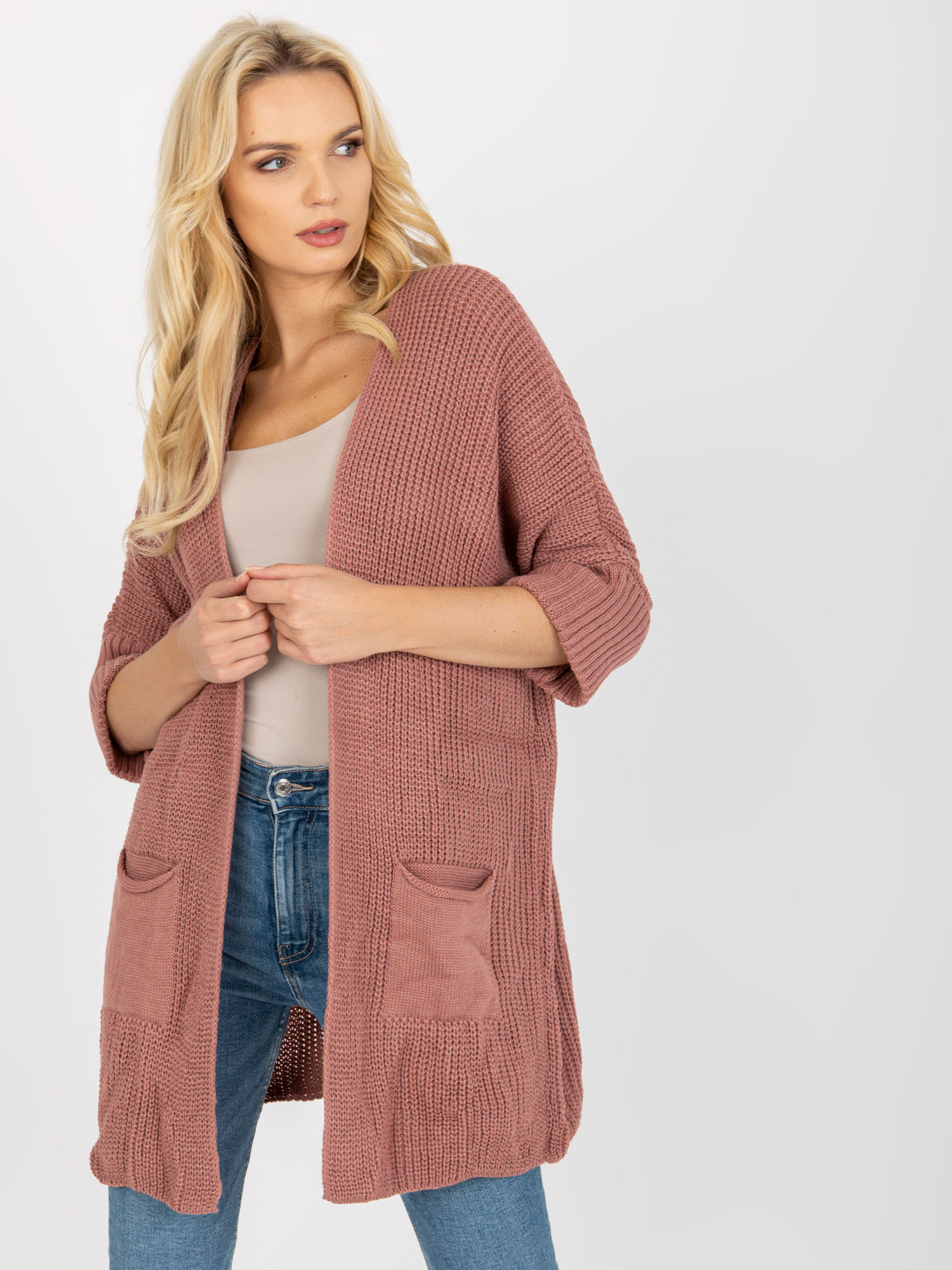 Tmavoružový Kardigan s vreckami LO-SW-LK-3002.98P-dark pink Veľkosť: ONE SIZE